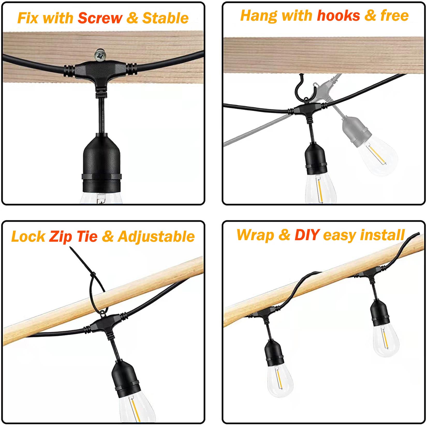 48FT Outdoor LED String Lights - Heavy-Duty Waterproof Patio Lights with 16 Shatterproof Plastic Bulbs (2200K Warm White) for Backyard, Garden, Gazebo, Pergola, Cafe, Bistro - Perfect for Outdoor Dining, Wedding Decor & Commercial Lighting
