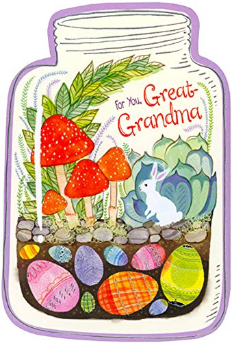 Designer Greetings Mason Jar Easter Card - White Rabbit, Red Mushrooms & Colorful Eggs - Perfect Easter Greeting Card for Great-Grandma - Ideal for Family Celebrations & Spring Festivities