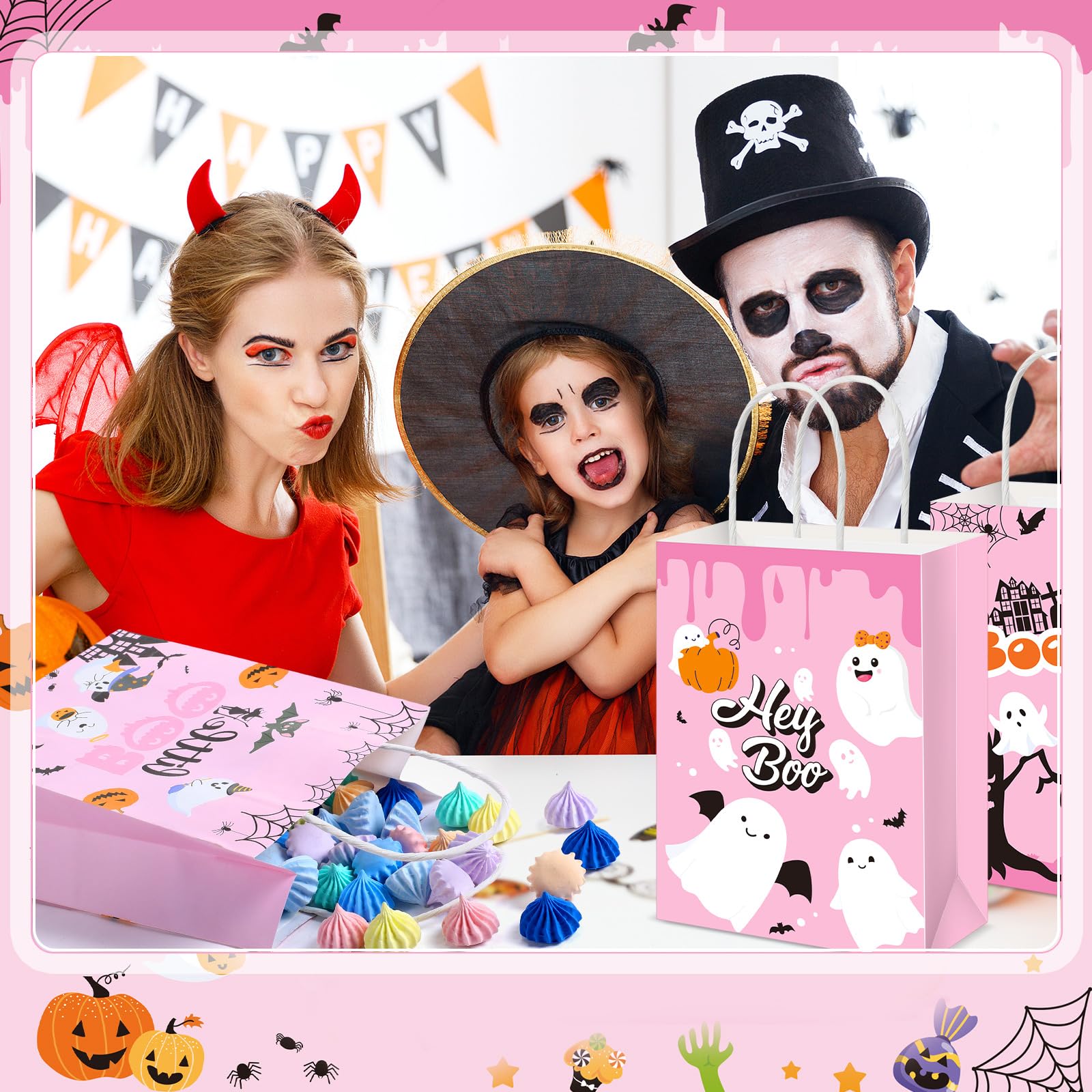 Kolldenn 12-Piece Pink Halloween Treat Bags with Handles - Little Boo Gift Bags for Halloween Candy & Party Favors | Perfect for Trick-or-Treat, Classroom Treats & Spooky Party Decorations