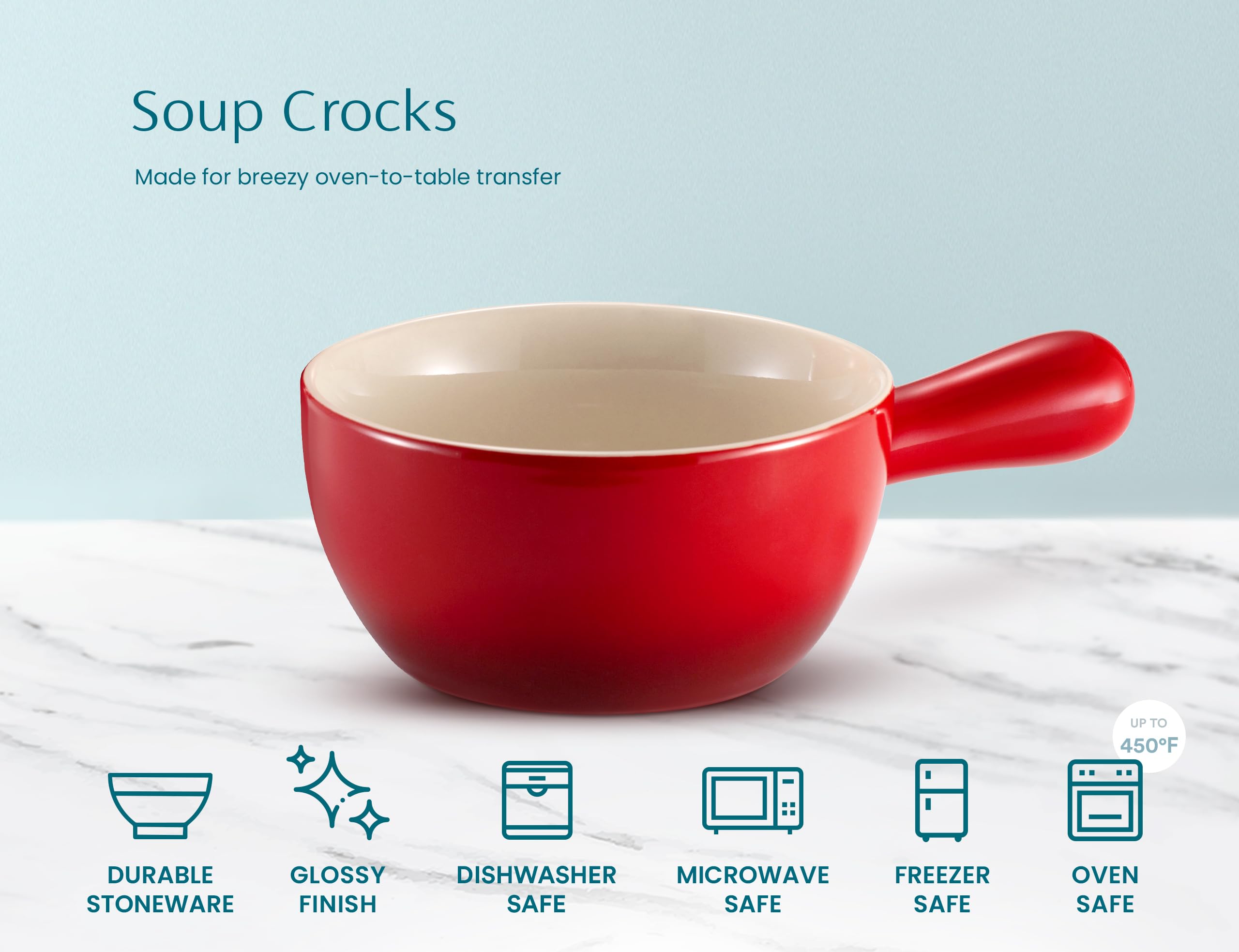 Kook French Onion Soup Crocks - Set of 4 Stackable Ceramic Bowls with Handles, 24 oz, Oven, Microwave & Dishwasher Safe Stoneware - Perfect for Soups, Cereal, Casseroles, Baking & Serving - Crimson Ombre Design