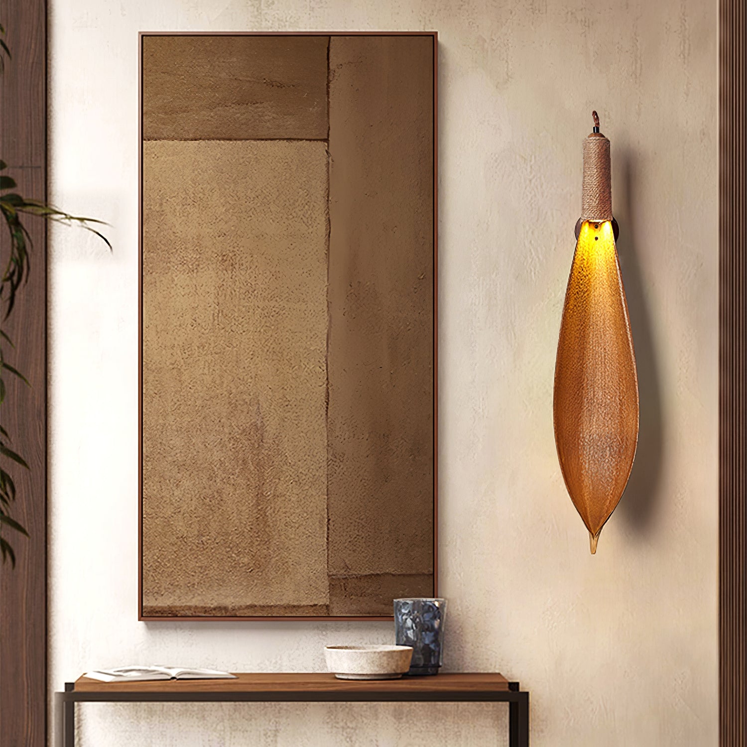 Handmade Cocoa Leaf Wall Sconce - Rustic Boho Wall Light Fixture for Living Room, Bedroom, or Porch Decor