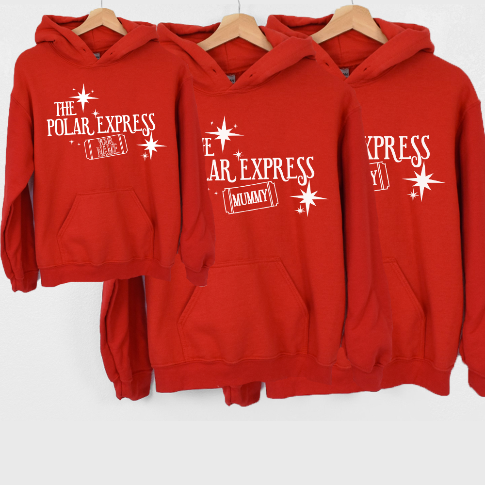Personalized Family Matching Red Hoodies - The Polar Express Custom Name Christmas Sweatshirts for Holiday Parties & Family Photos