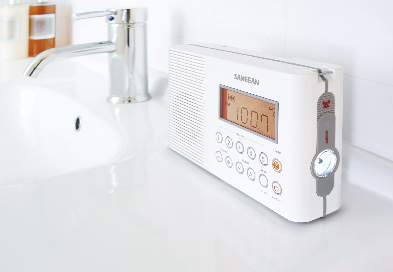 Sangean H201 Waterproof Shower Radio - AM/FM Portable Weather Alert Radio with White Finish | Perfect for Bathroom, Poolside & Outdoor Activities