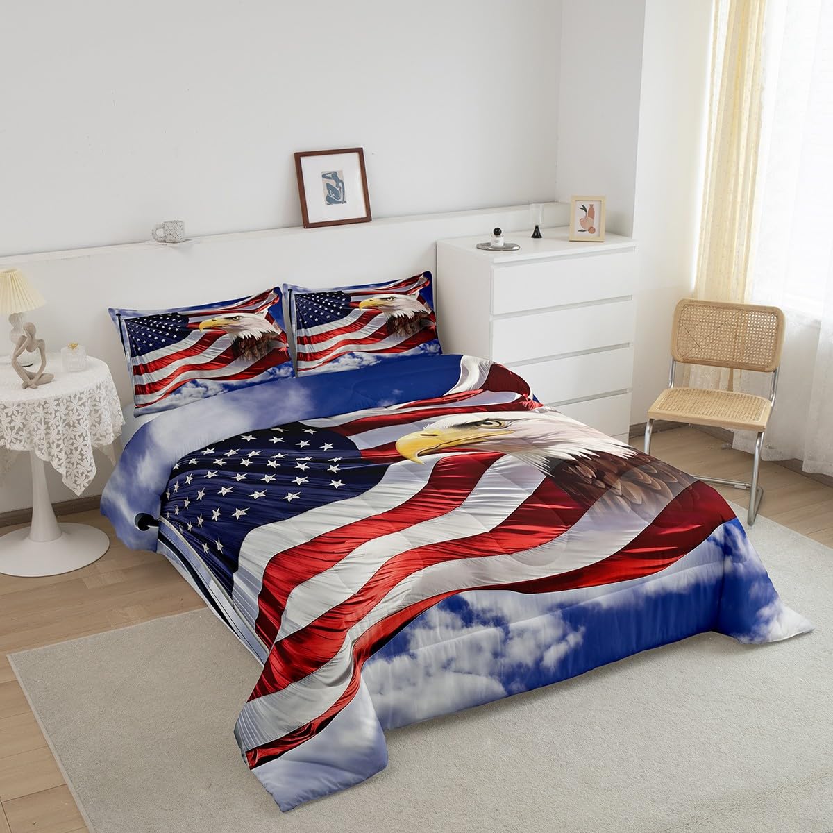 Patriotic American Flag Comforter Set with Bald Eagle Design - Full Size Down Duvet Insert & 2 Pillowcases for Kids & Boys - Independence Day & 4th of July Theme Bedding - Perfect for Holiday Decorations, Bedroom Makeovers & National Pride Celebrations