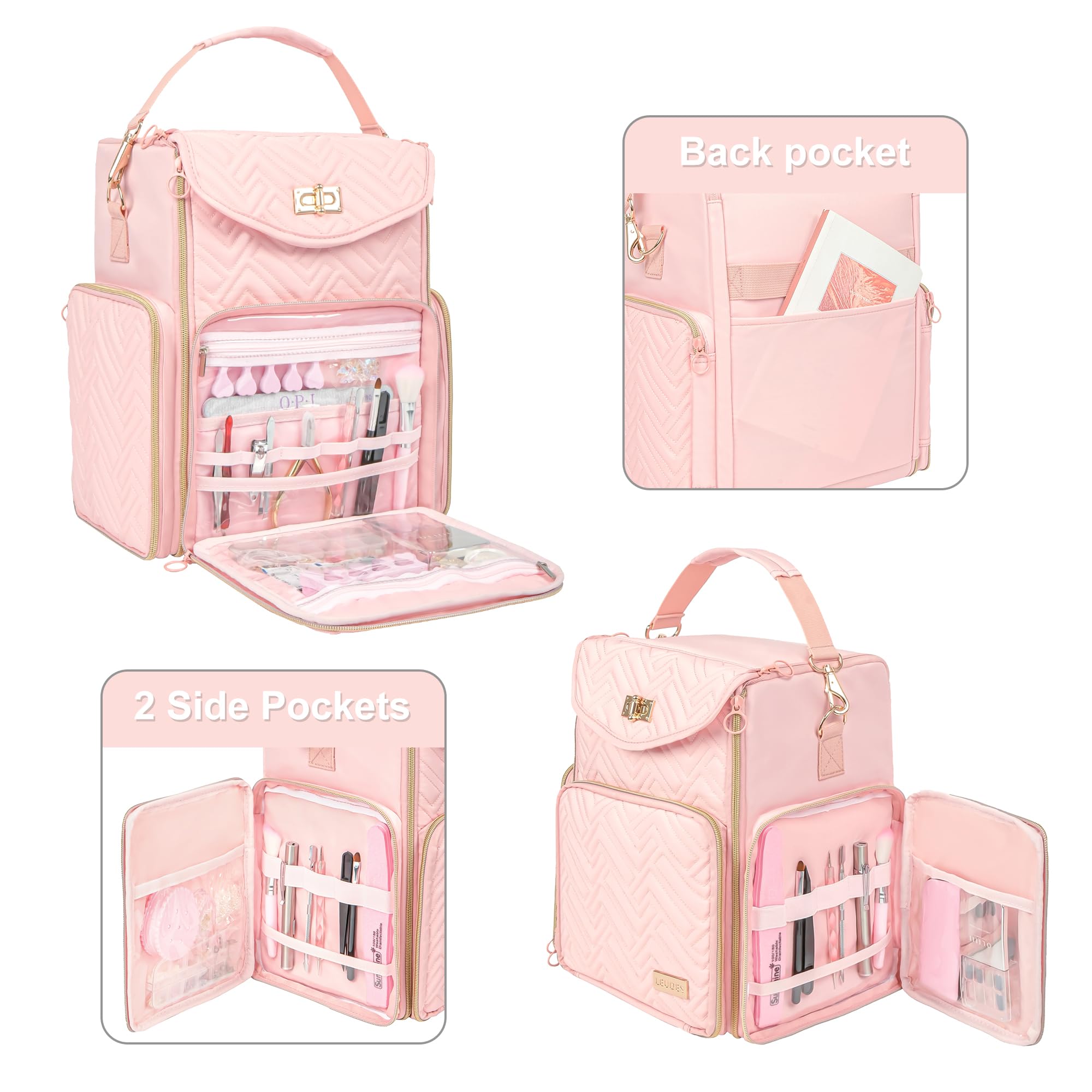 Leudes Large Pink Nail Polish Holder Organizer - Storage Case for 83 Bottles (0.33-0.68 fl.oz) with Nail Dryer, 3 Removable Pouches & Tools Storage Sections - Perfect for Salon Professionals & Home Manicure Kits