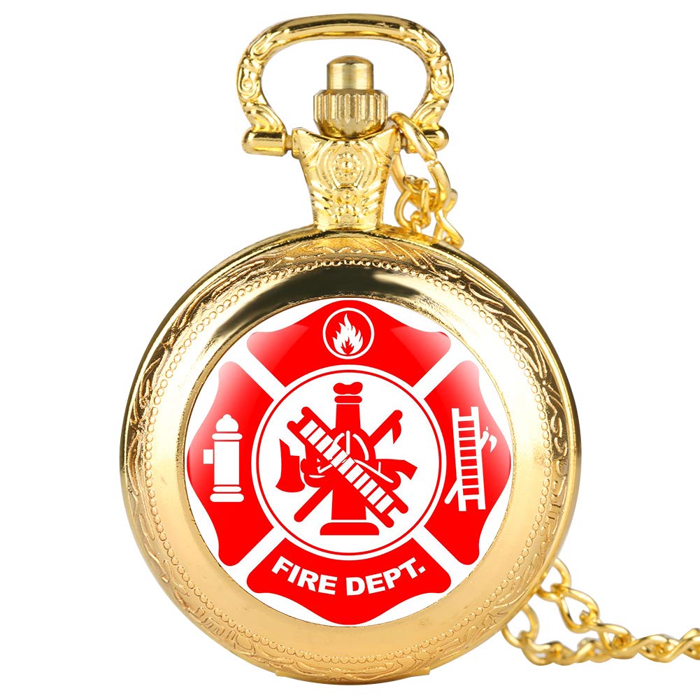 Luxury Gold Men's Pocket Watch with Fire Department Design - Quartz Movement, White Dial & Arabic Numerals - Perfect Gift for Boys and Teenagers - Ideal for Formal Events, Proms, and Collectors