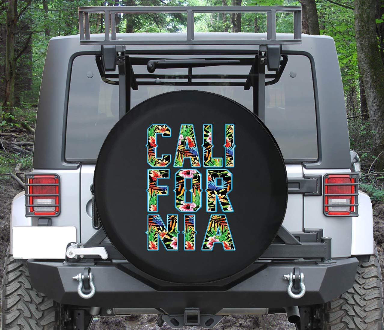 31 Inch Black Tire Cover with California Palm Trees & Tropical Hawaiian Design - Perfect for Campers, RVs, and Outdoor Adventures