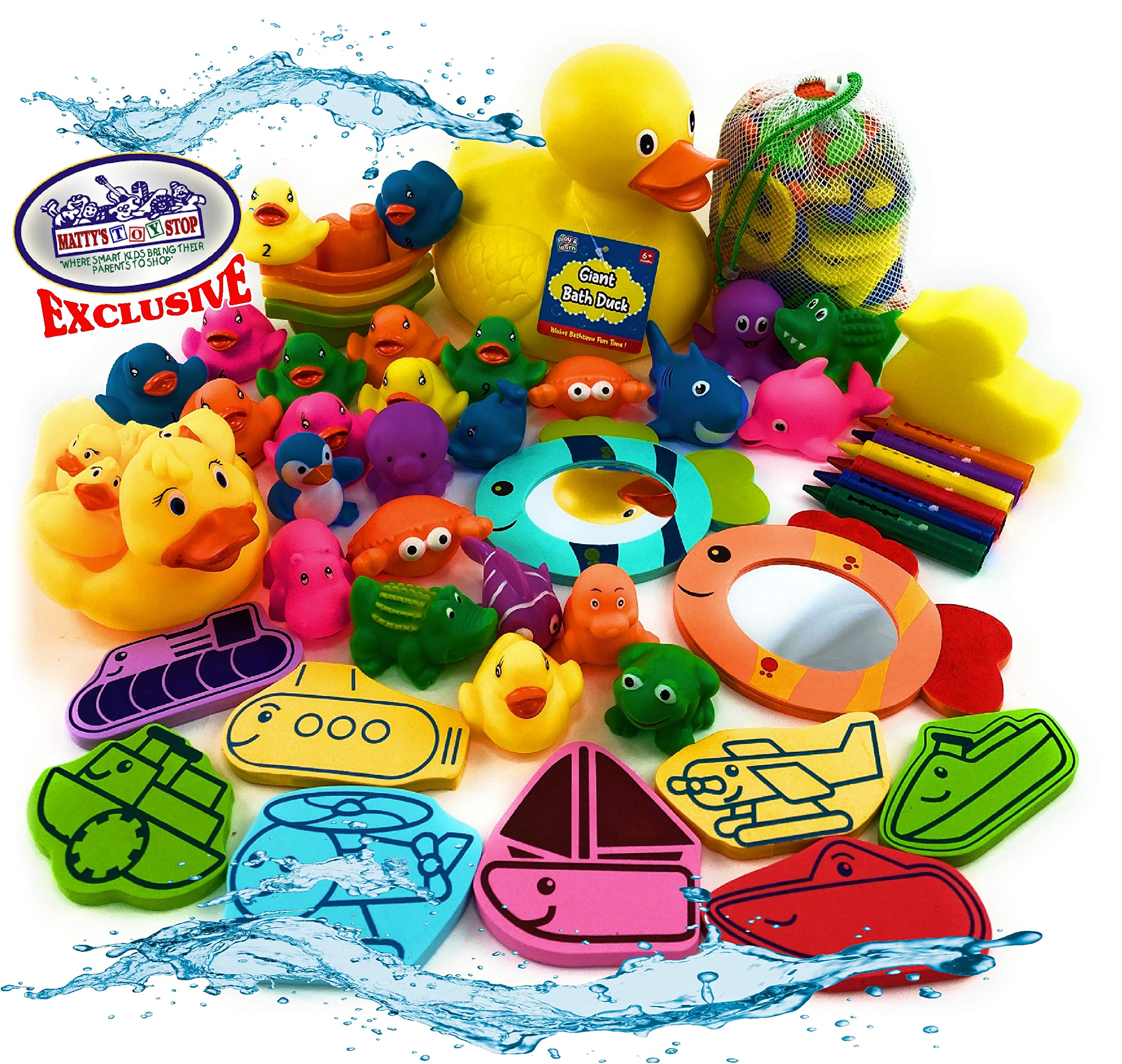 119pcs Ultimate Bath Toys Set for Kids - Giant Rubber Duck, Bath Stickers, Mirrors, Crayons, Sponge, Mini Animals & More | Fun Bathtime Learning with Foam Letters, Numbers & Storage Bag | Perfect Toddler Bath Time & Pool Play