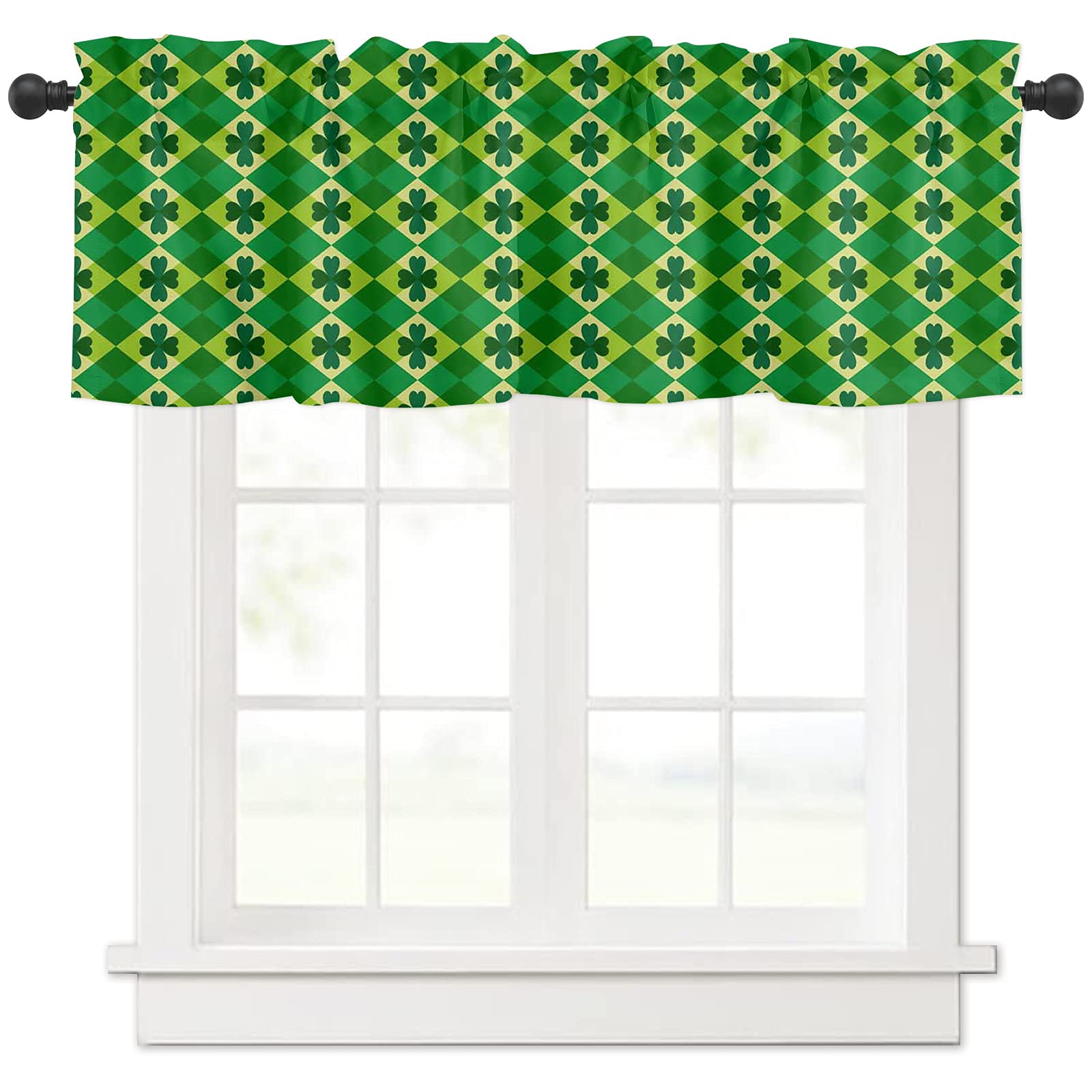 St. Patrick's Day Lucky Green Shamrock Curtain Valance - Rod Pocket Short Window Treatment for Bathroom, Living Room & Kitchen - Diamond Check Pattern Decor - Perfect for Holiday Home Decor & Irish-Themed Parties