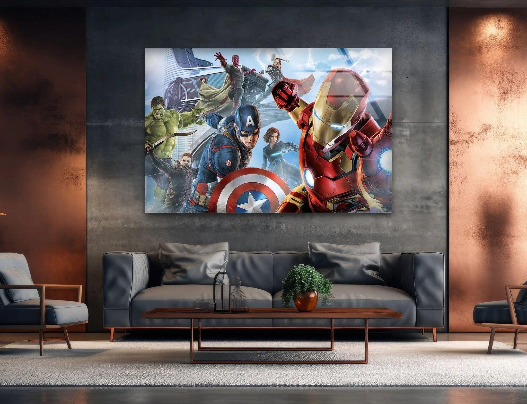 Marvel Avengers Superhero Glass Wall Art - Iron Man, Captain America, Hulk & Thor - Perfect for Home, Office & Game Room Decor
