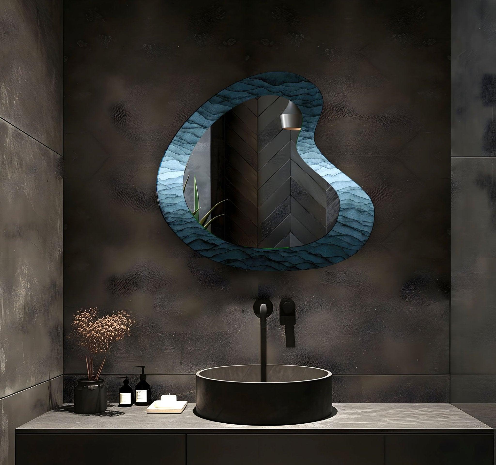 Abstract Blue Asymmetrical Wall Mirror - Modern Decorative Mirror for Living Room, Bedroom, Entryway - Unique Handmade Art Piece for Home Decor