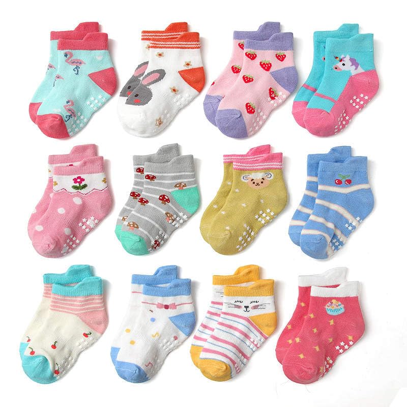 Non-Slip Cotton Kids Ankle Socks with Grips - 12 Pairs Anti-Skid Toddler Socks for Boys & Girls (1-7 Years) - Perfect for Playtime, School & Indoor Activities