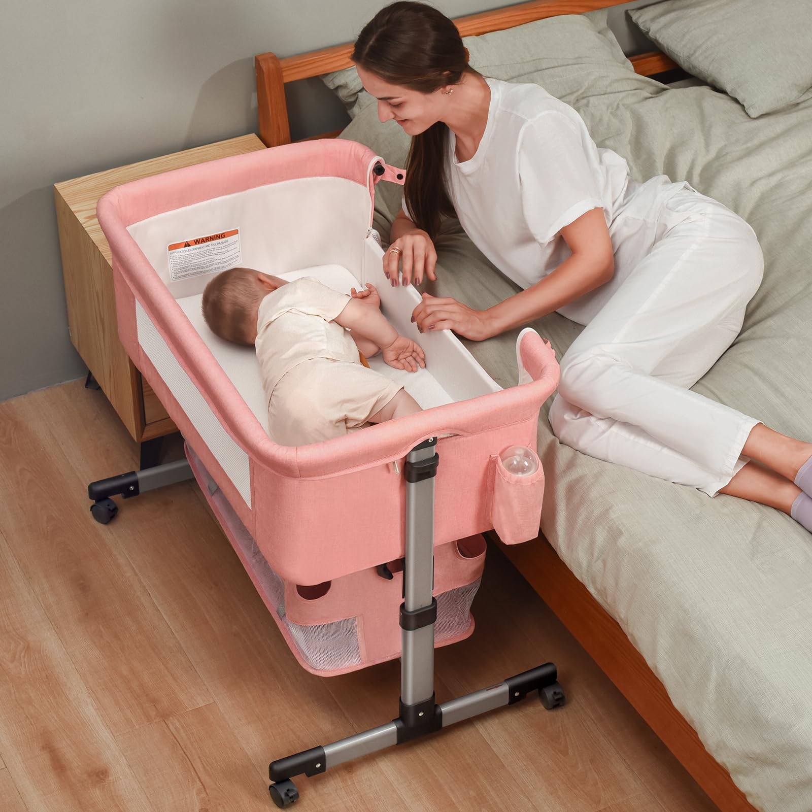 3-in-1 Adjustable Portable Baby Crib & Bassinet for Newborns - Convertible Bedside Sleeper with Wheels, Breathable Mesh (Pink) | Perfect for Nursery, Bedroom Co-Sleeping & Travel