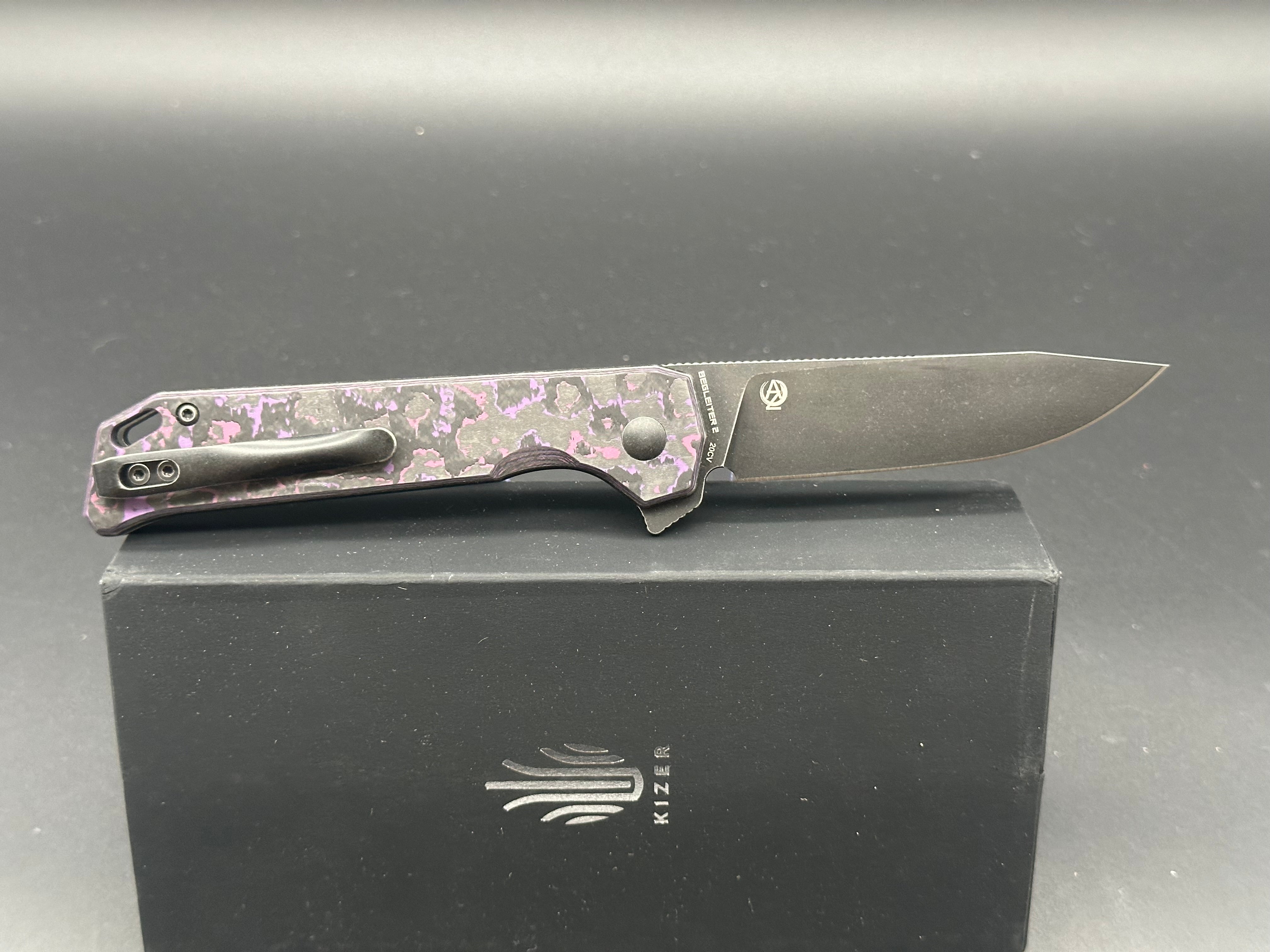 Kizer Begleiter 2 Azo Button Lock Folding Knife - Purple/Black Fat Carbon Handle, EDC Pocket Knife for Outdoor, Camping & Everyday Carry