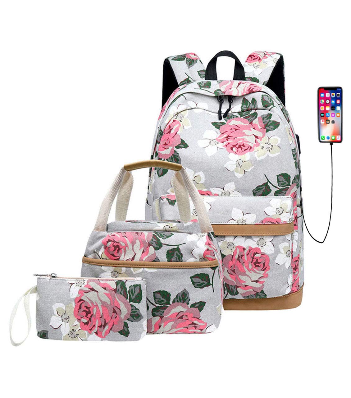 KaixinRoom 3-Piece Floral Backpack Set for Teen Girls - USB Charging Laptop School Backpack, Lunch Bag & Purse (Grey) - Perfect for School, Travel & Daily Use
