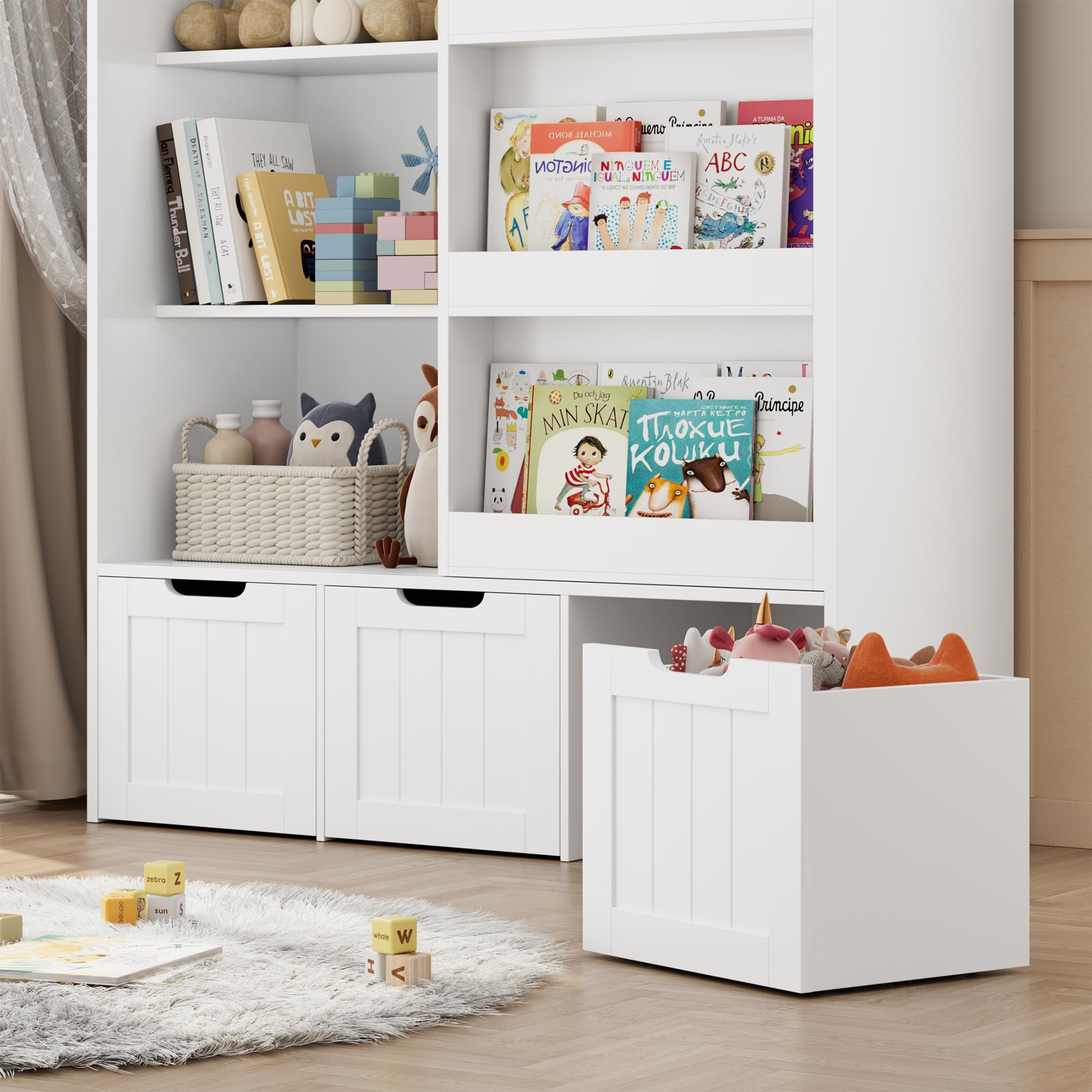 FOTOSOK Kids Toy Storage Organizer with Sliding Bookshelf - 3 Movable Drawers & 6 Storage Cubbies for Playroom, Bedroom Organization - Perfect for Storing Toys, Books, and Kids' Accessories