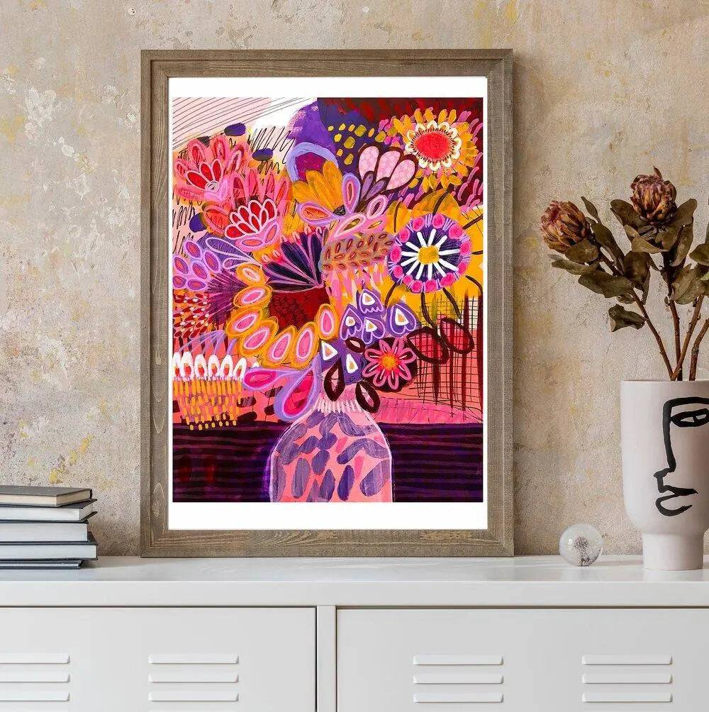 Abstract Flowers in Pink Vase Wall Art Print - Modern Home Decor for Living Room, Bedroom & Office