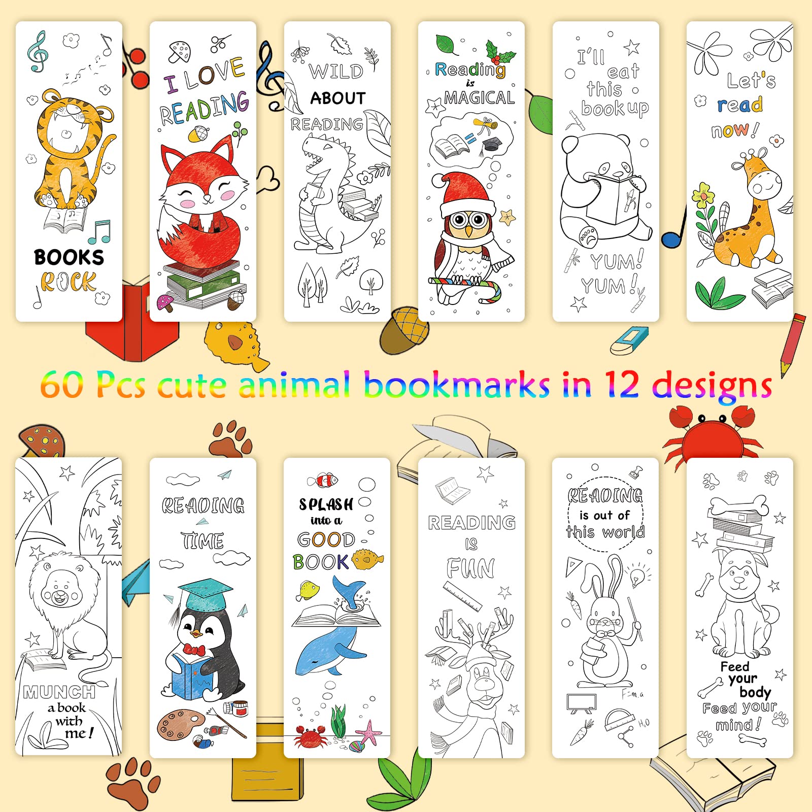 Anseal 60-Piece DIY Coloring Bookmarks Kit - Cute Animal Bookmarks for Kids & Teens - 12 Fun Styles for Reading Lovers - Perfect for Classroom Rewards, Student Gifts & Reading Motivation