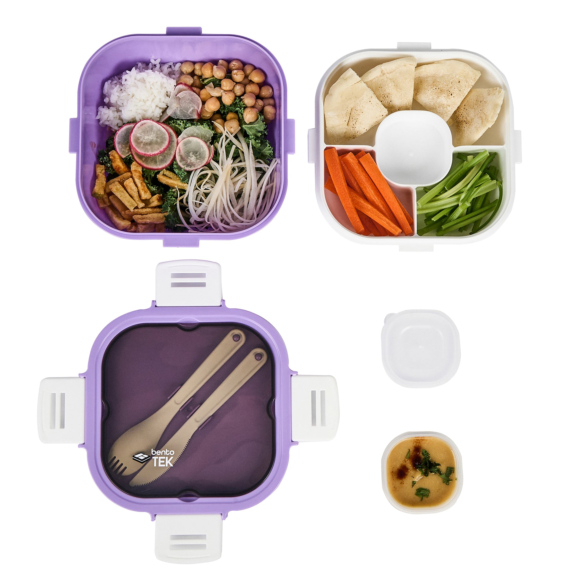 Bento Tek 58 oz Purple & White BPA Free Lunch Box with Fork & Knife - Microwave Safe, Leak Proof Food Container (7.25