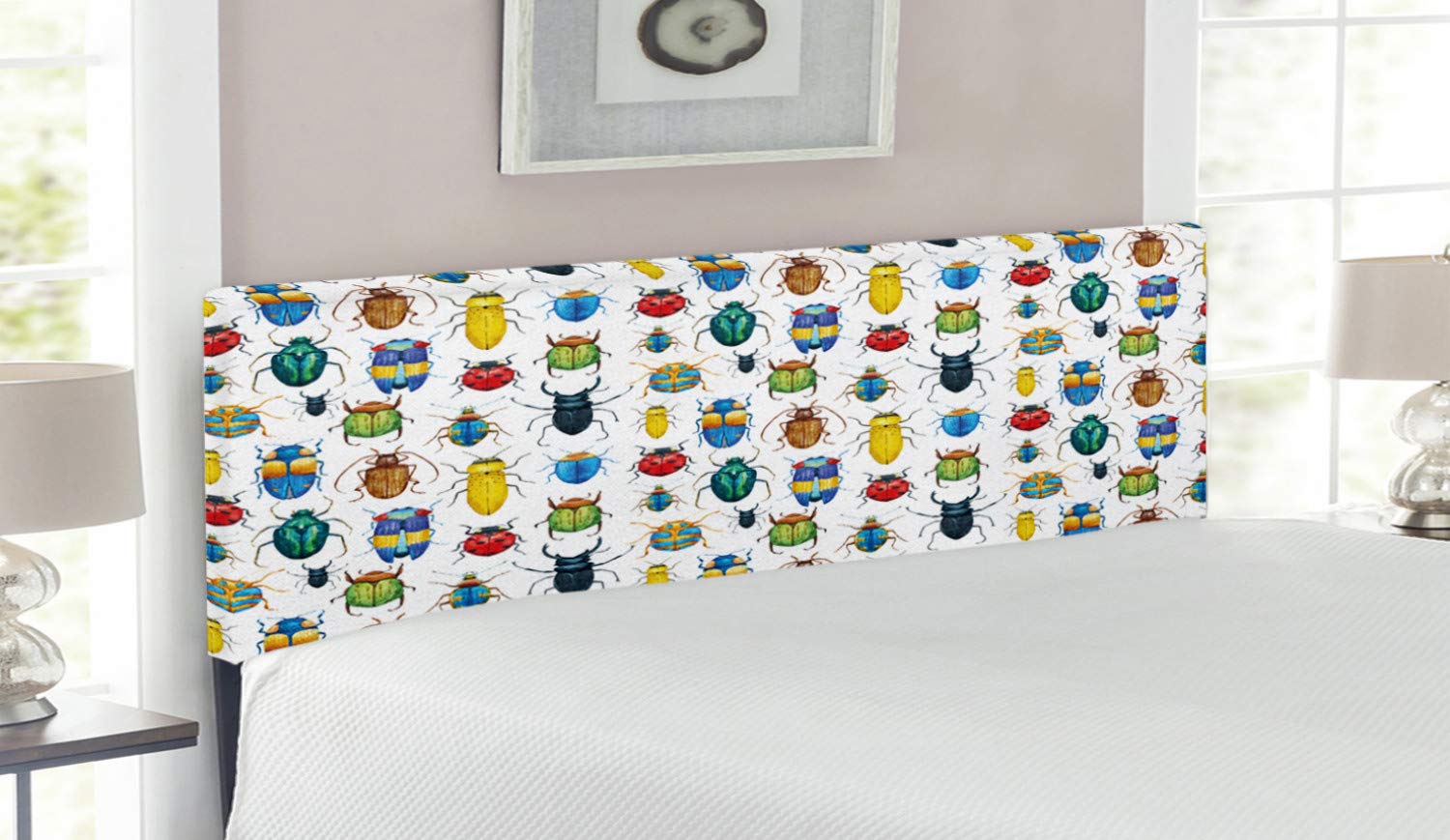 Ambesonne Queen Size Upholstered Headboard - Watercolor Insect Design with Memory Foam | Decorative Metal Bed Frame for Master Bedroom & Guest Room