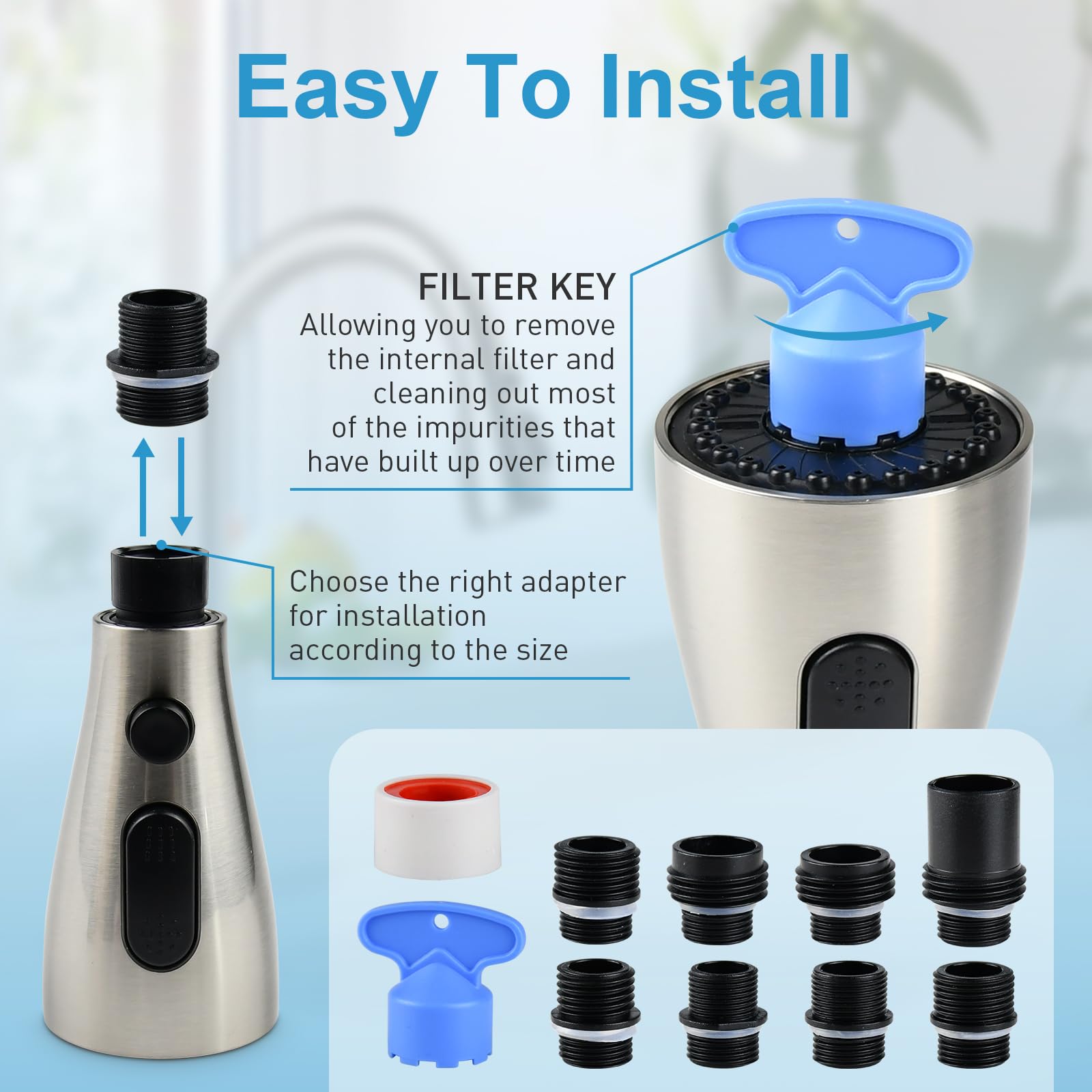 Replacement Kitchen Faucet Head - 3 Spray, Brushed Nickel for Pull Out Sink Faucets - Perfect for Home Kitchen Upgrade