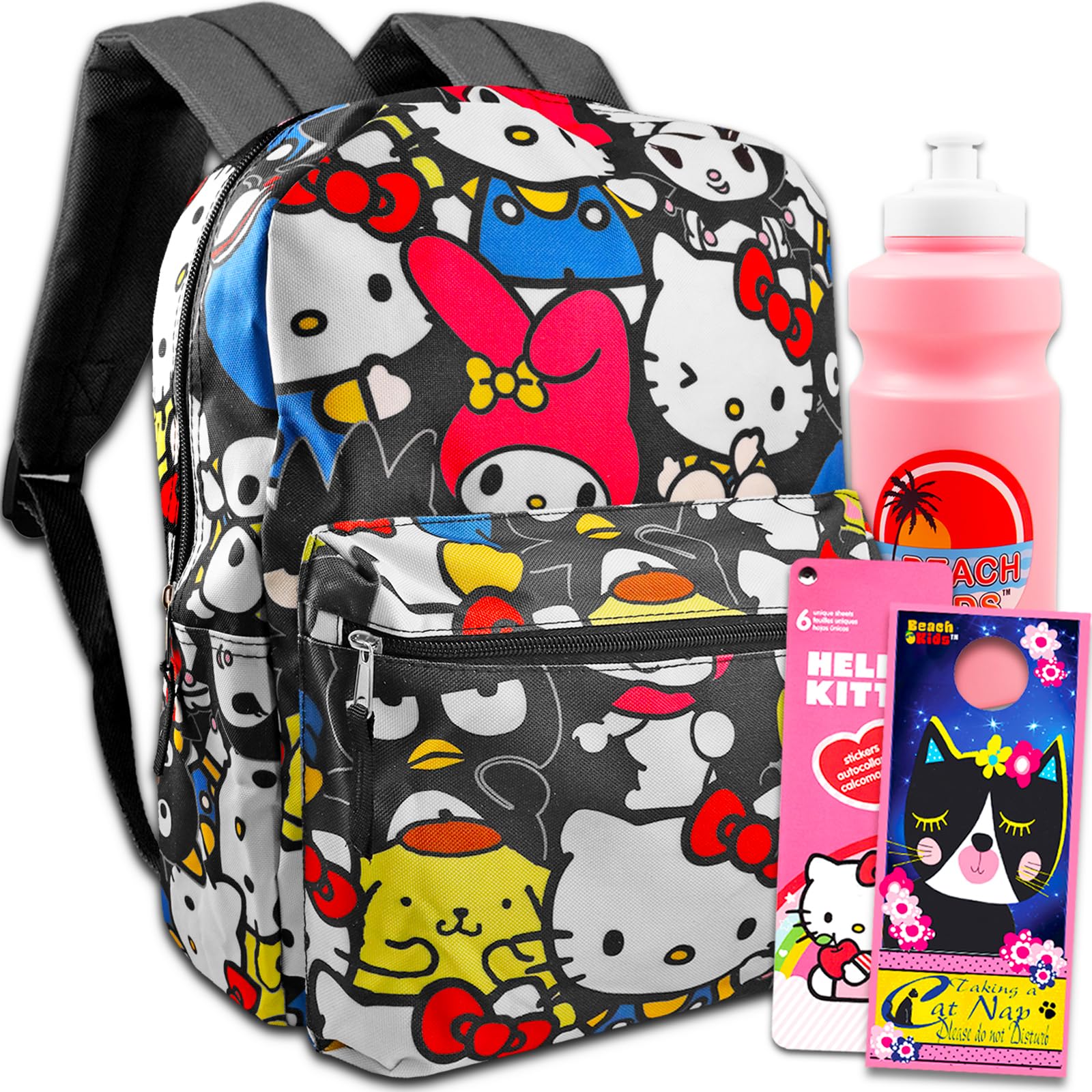 Hello Kitty School Backpack for Girls - 16 Inch Cute Pink Backpack with Front Pocket, Stickers & Water Bottle Holder | Perfect for School, Travel & Daily Use