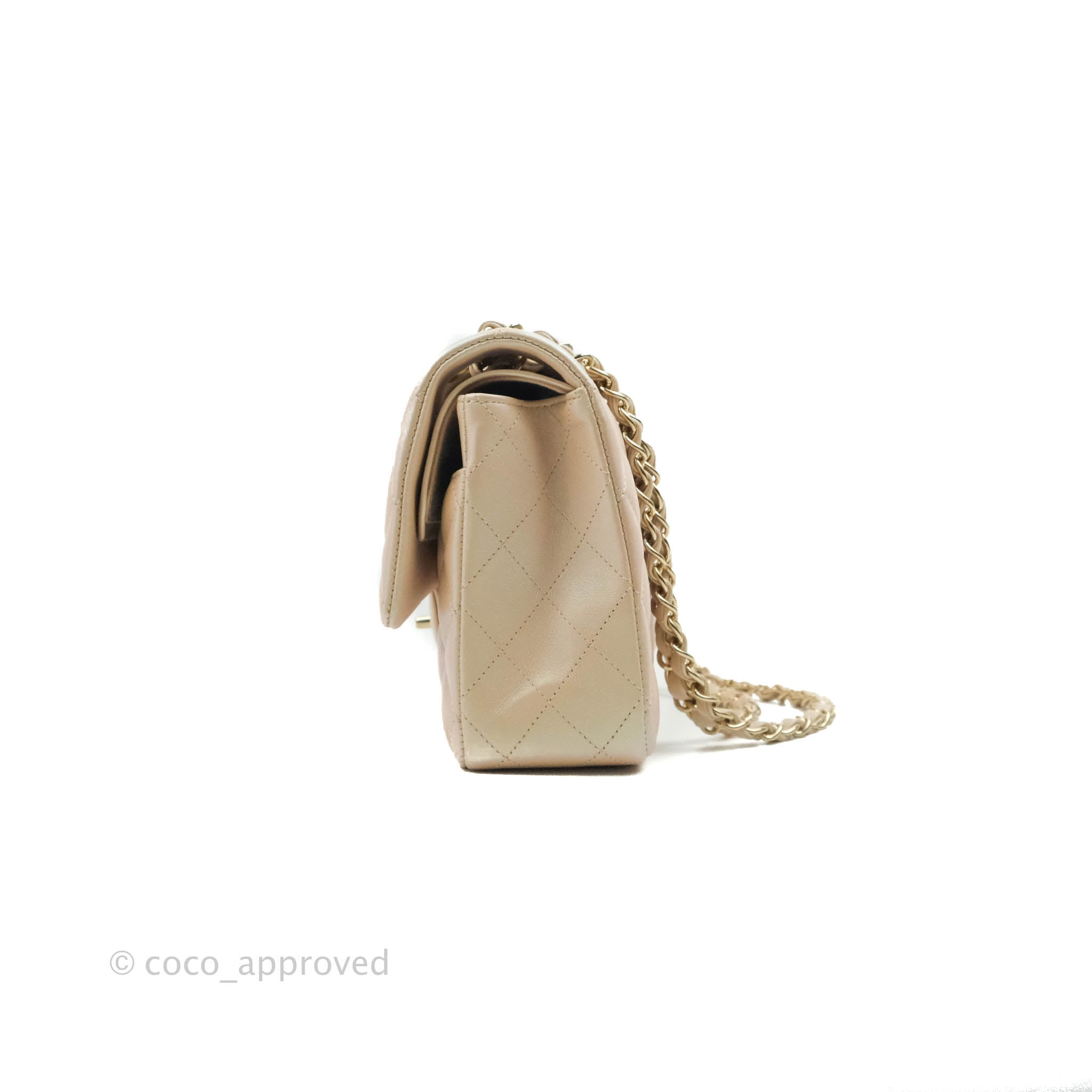 Chanel Classic Medium Double Flap Bag Iridescent Beige Calfskin Leather with Gold Hardware 21S Collection - Perfect for Luxury Everyday Use & Special Occasions