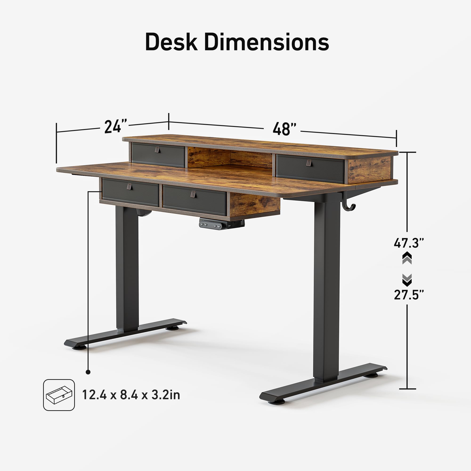 FEZIBO 48 x 24 Inch Electric Height Adjustable Standing Desk with 4 Drawers & Storage Shelf | Sit Stand Workstation with Splice Board | Black Frame & Rustic Brown Top | Perfect for Home Office, Gaming & Workspace Ergonomics