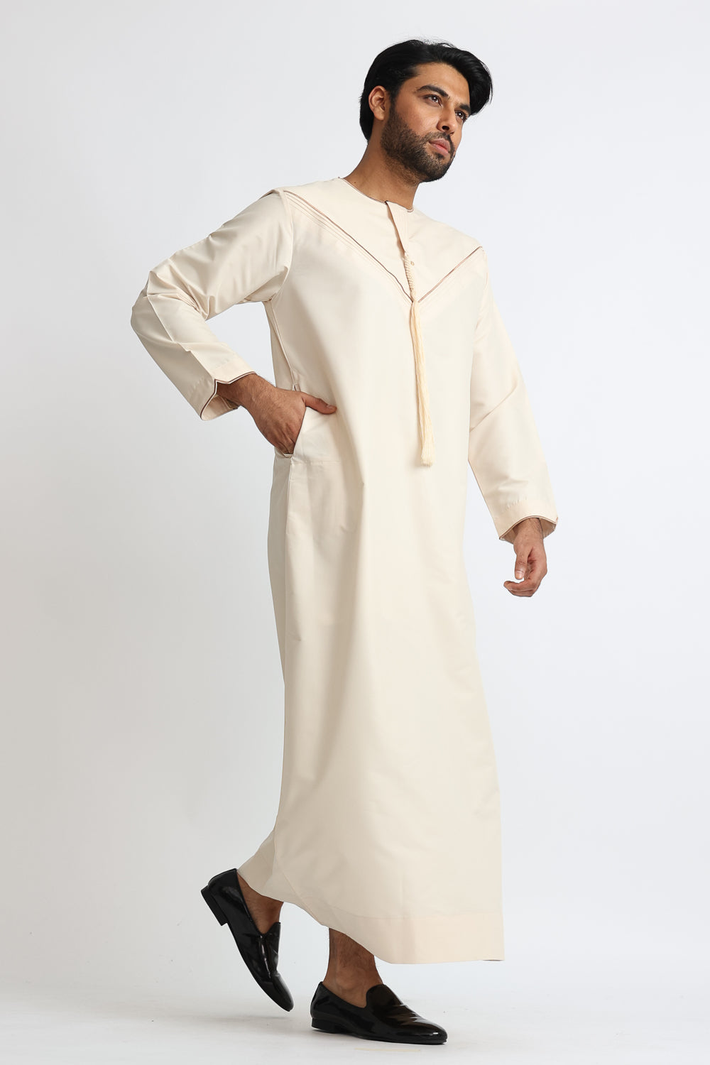 J101 Champagne Pleated Emirati Thobe for Men - Elegant Arabic Traditional Dress for Weddings & Special Occasions