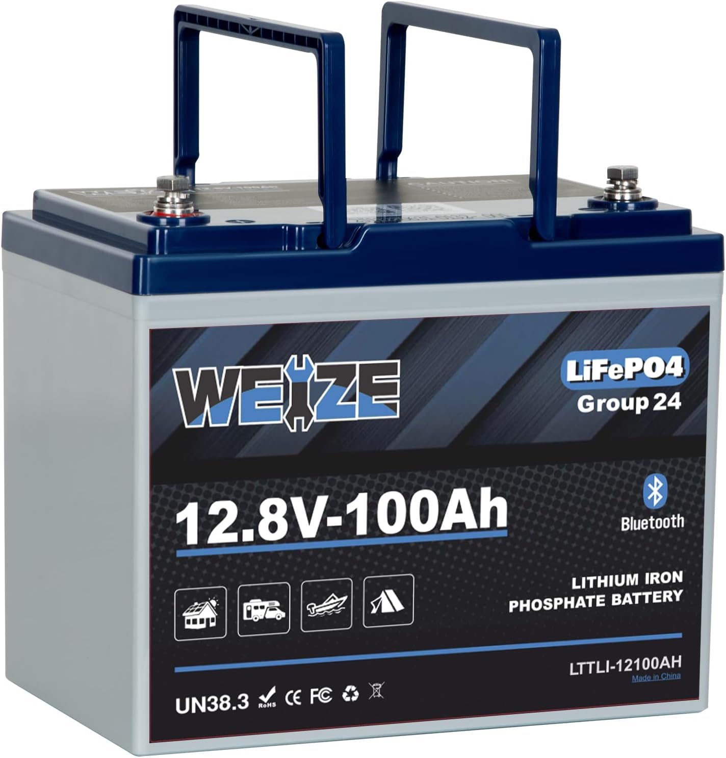 WEIZE 12V 100Ah Bluetooth LiFePO4 Lithium Deep Cycle Battery - Group 24 Size for RVs, Solar Systems & Marine Use - Built-in Bluetooth for Battery Monitoring