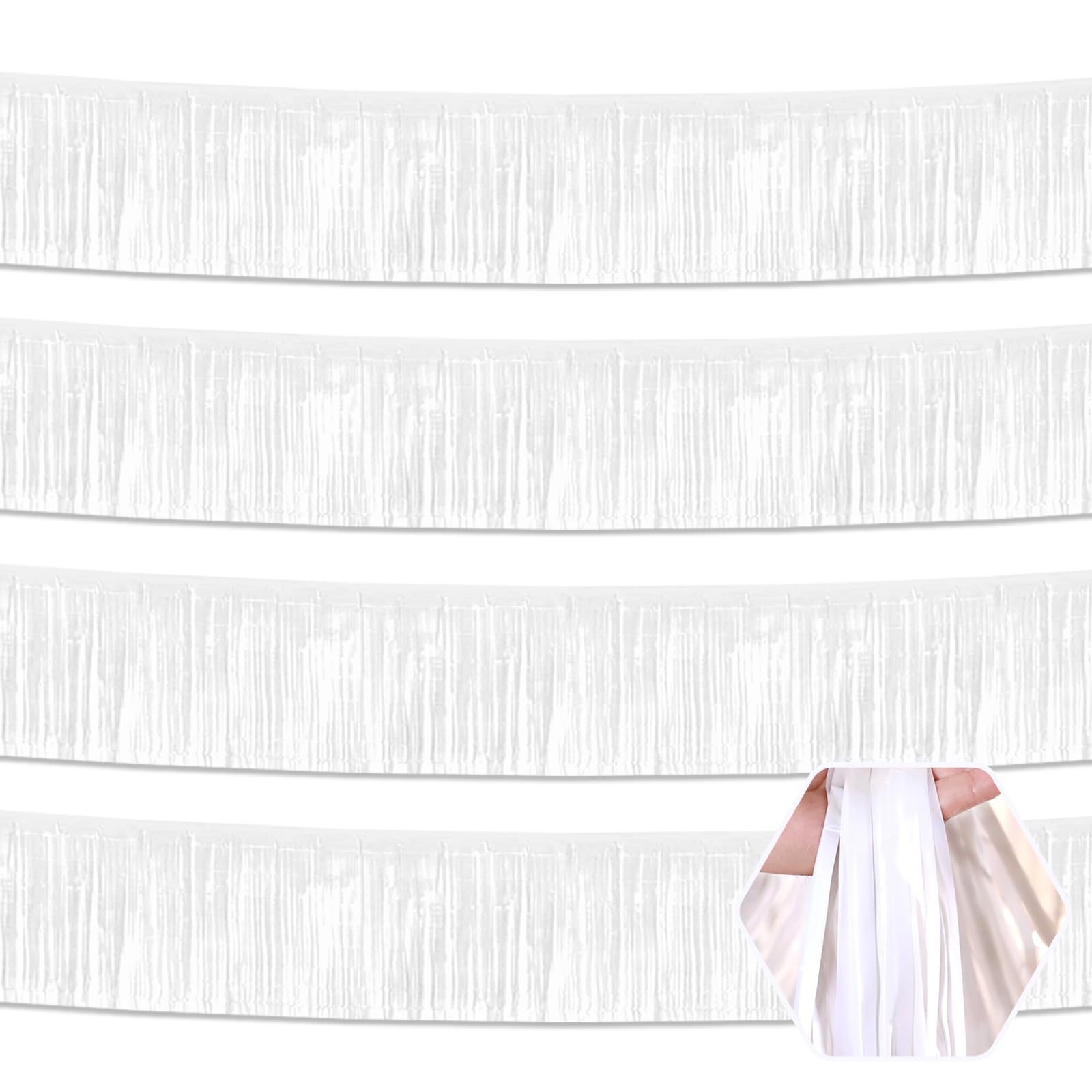 4 Pack 10 Feet White Foil Fringe Garland - Metallic Tinsel Streamers Banner for Wall Hanging, Backdrop & Party Decorations | Perfect for Weddings, Graduations, Mother's Day, Birthday Parties & Parade Floats | Great for Home, Office & Event Decor