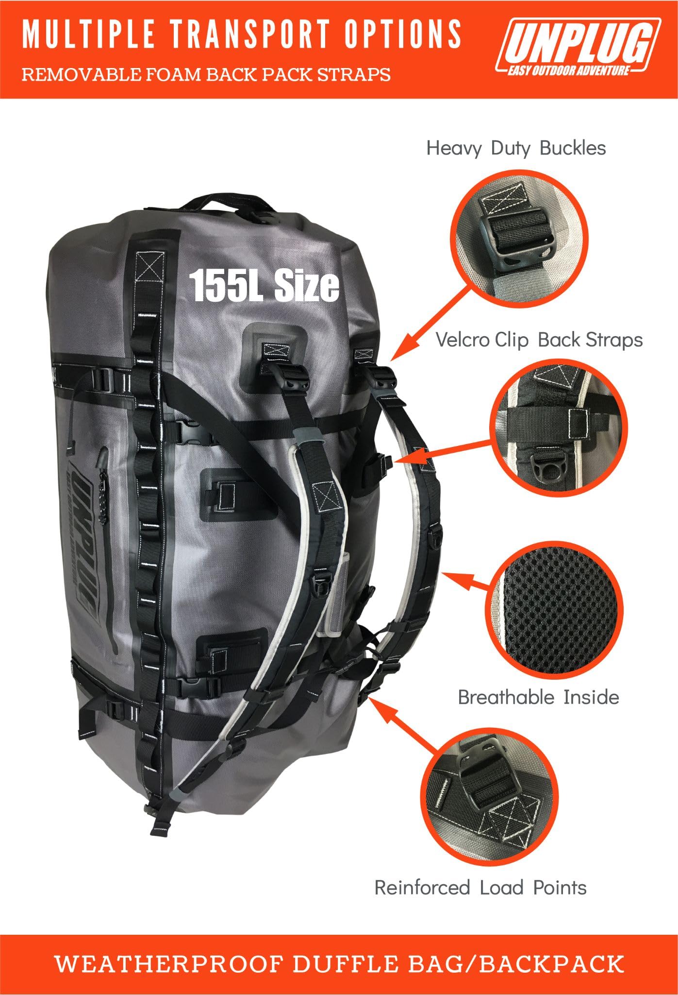 UNPLUG Ultimate Adventure Bag - 1680D Heavy Duty Waterproof Travel Duffel Bag for Camping, Hiking & Outdoor Activities | Motorcycle Dry Bag & Waterproof Boat Bag | Tactical Duffle Backpack for Travel, Military & Emergency Preparedness