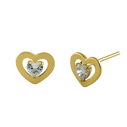 14K Yellow Gold Double Heart Cubic Zirconia Earrings for Women - Elegant CZ Stud Earrings for Valentine's Day, Anniversary & Romantic Gifts