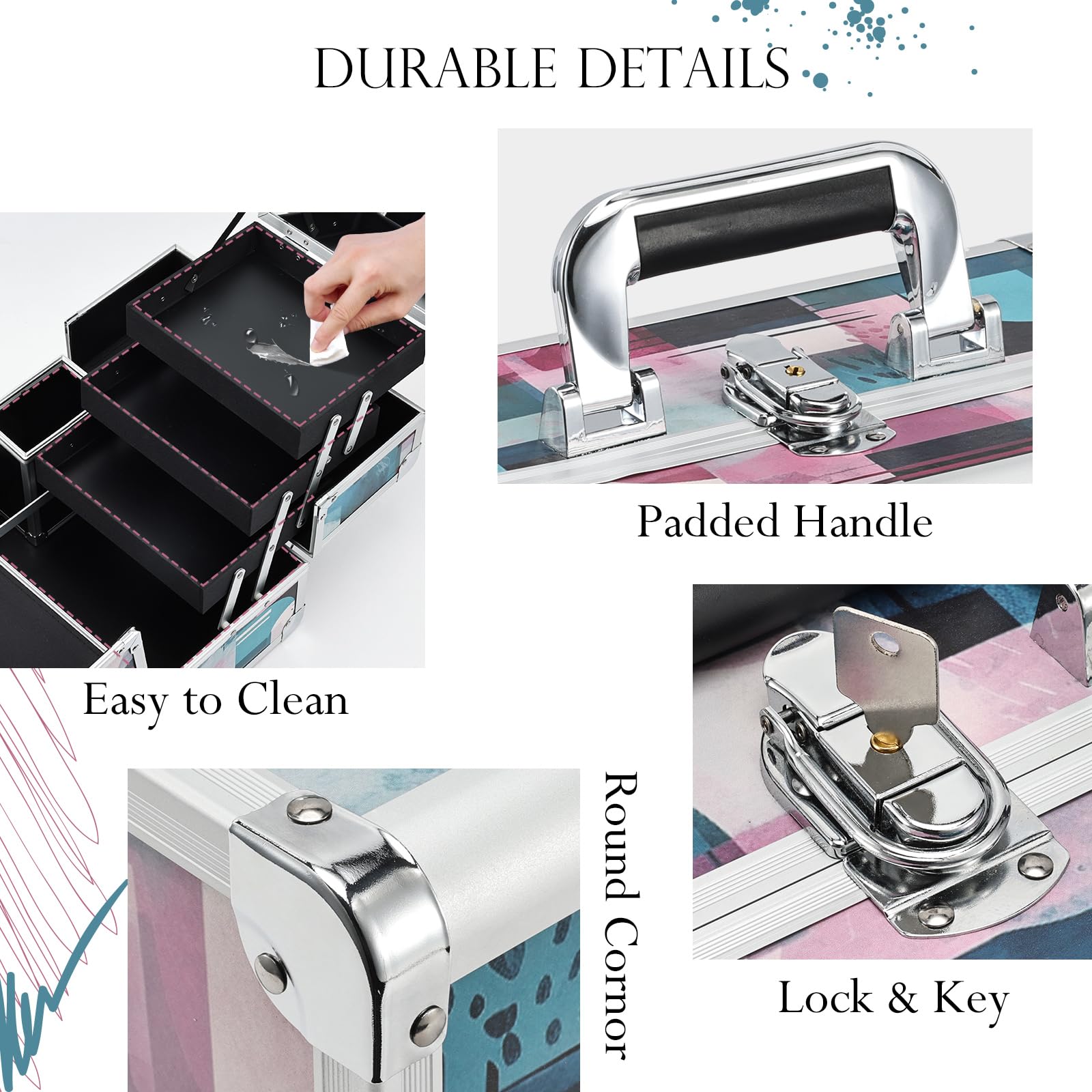 Professional 11.6 Inch Extra Large Makeup Train Case - 3-Tier Cosmetic Organizer with Mirror, Brush Holder & Lockable Keys - Modern Aquarelle Design for Travel, Salon & Professional Makeup Artists