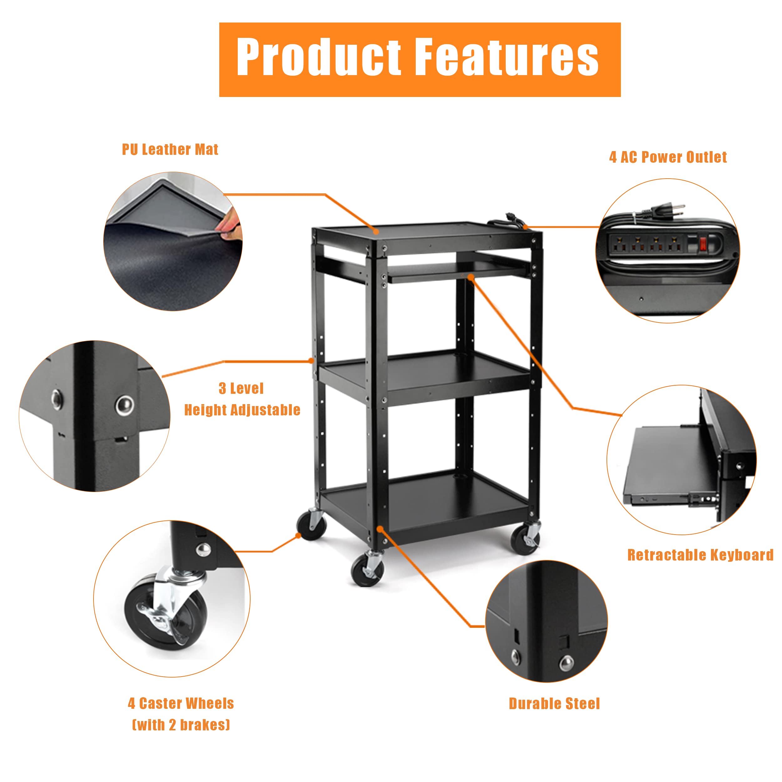 AV Presentation Cart Stand for Video Projector, TV, Laptop, Printer - Heavy Duty Metal Rolling Cart with Adjustable Shelves, 4 Wheels & Power Outlets (300 lbs Capacity, 5.75ft Cord, Black) - Perfect for Classrooms, Offices & Conference Rooms