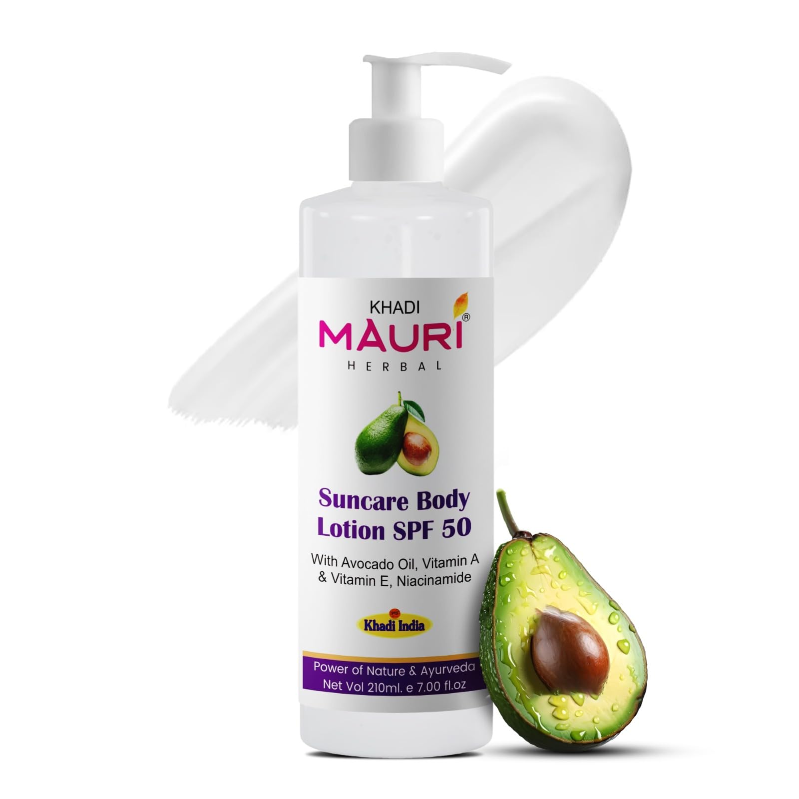 Khadi Mauri Herbal Suncare Body Lotion SPF 50 - Broad Spectrum Sunscreen with Avocado Oil, Vitamin A, E & Niacinamide | Hydrating & Nourishing Skin Care for Dry Skin | 210 ml | Perfect for Beach, Pool & Outdoor Activities