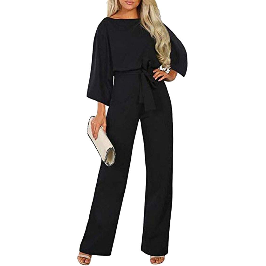 UOFOCO Women's Solid Color Long Sleeve Jumpsuit with Belt - Elegant Clubwear & Casual Outfit for Night Out, Party or Daily Wear