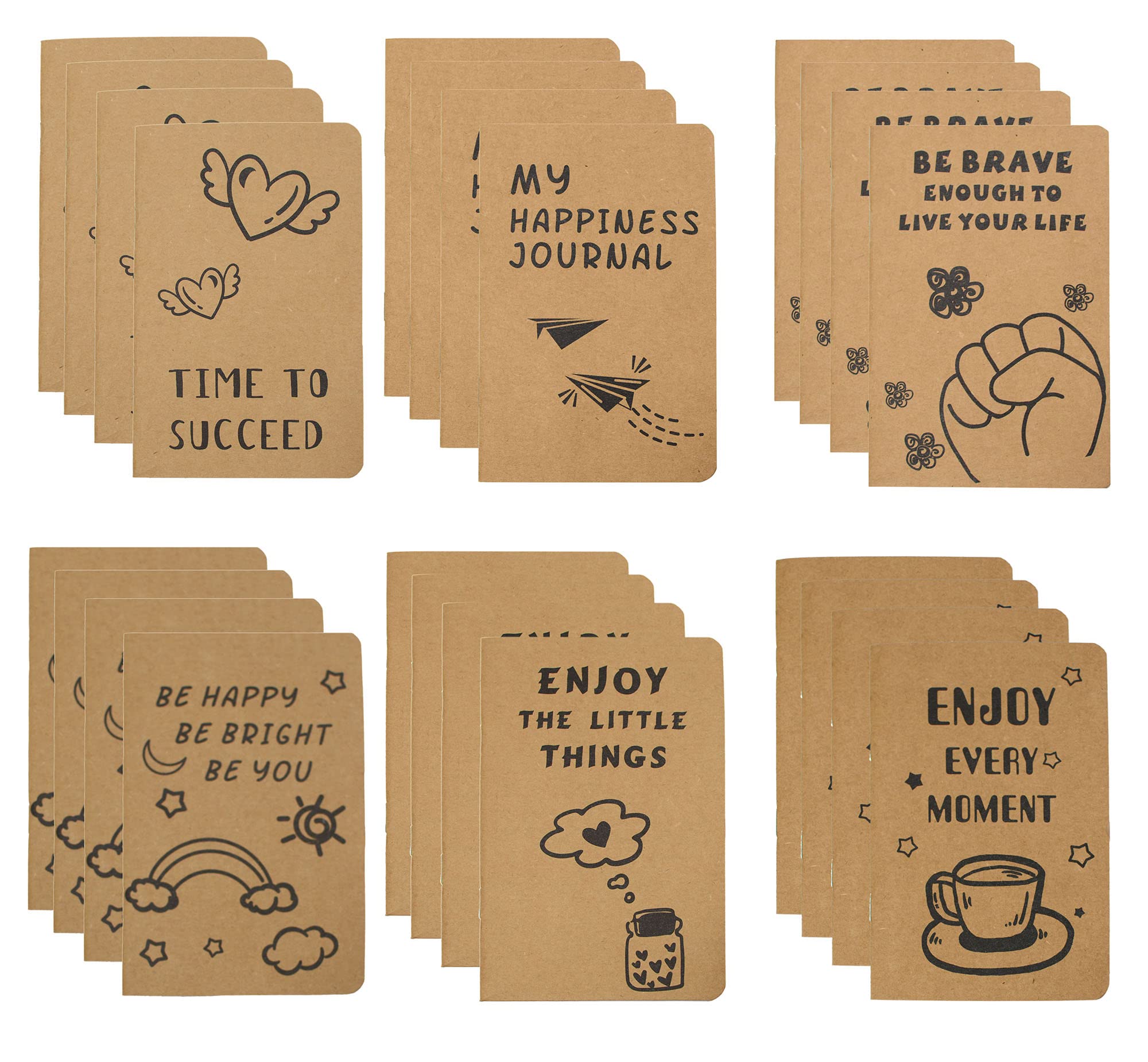 Inspirational Kraft Paper Notebooks - Mini Happy Journal Notepads Bulk (48pcs, 6 Styles, Brown Blank Pages) for School, Office, Home, Coworkers & Travel - Perfect Gift & Daily Motivation Supplies | Great for Journaling, Note-Taking & Thought Organization