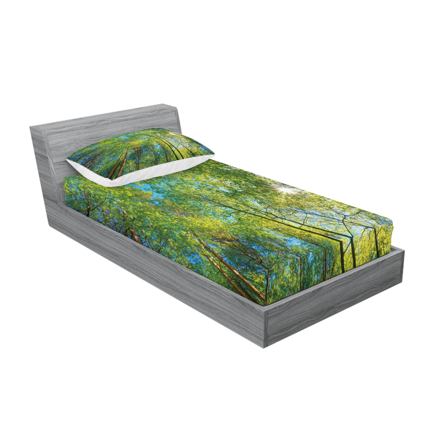 Ambesonne 2-Pack Twin XL Fitted Sheets & Pillow Sham Set - Willow Flora Nature Print Green Bedding Decor (4-Piece Set) | Soft & Breathable for Dorms, Guest Rooms & Cozy Bedroom Makeovers