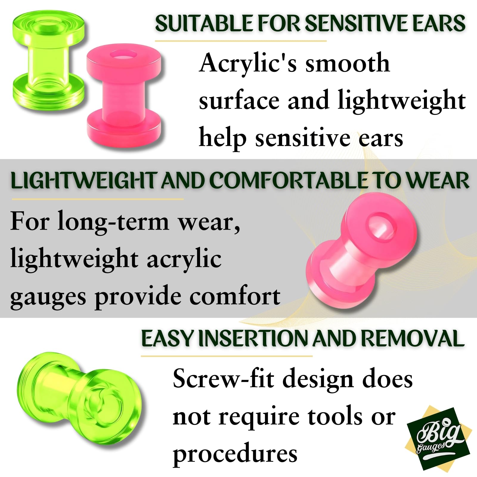 2 Pairs Acrylic Screw-Fit Flesh Tunnels - Green, Purple, Pink Ear Stretching Jewelry for Gauged Ears | Perfect for Ear Lobe Plugs, Body Piercing & Alternative Fashion Styles