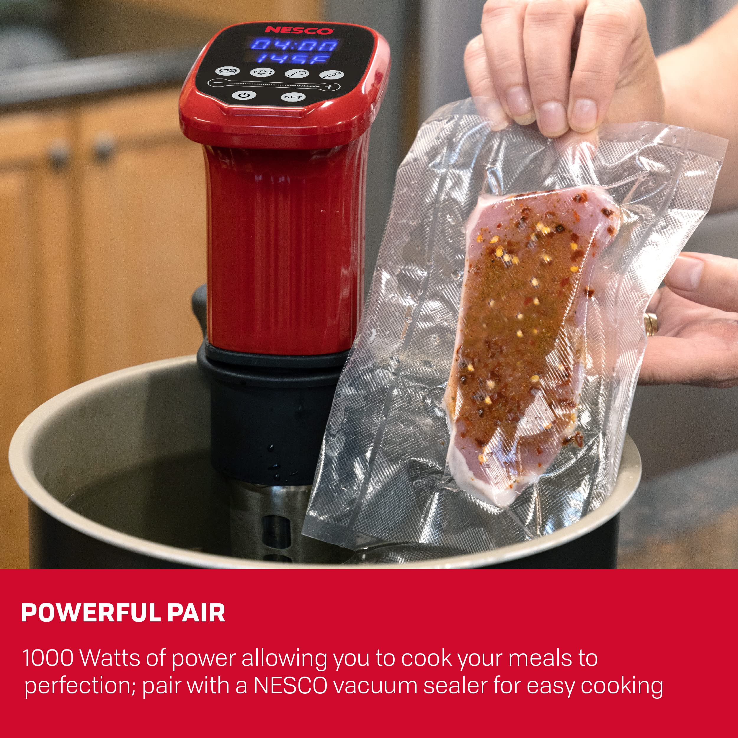 Nesco SVC-1000 Sous Vide Precision Cooker - 1000W Digital Immersion Circulator with LED Display & 10 Preset Programs for Perfect Steak, Salmon, Chicken Breast & Vegetables (Red & Black) - Ideal for Home Chefs, Meal Prep & Restaurant-Style Cooking