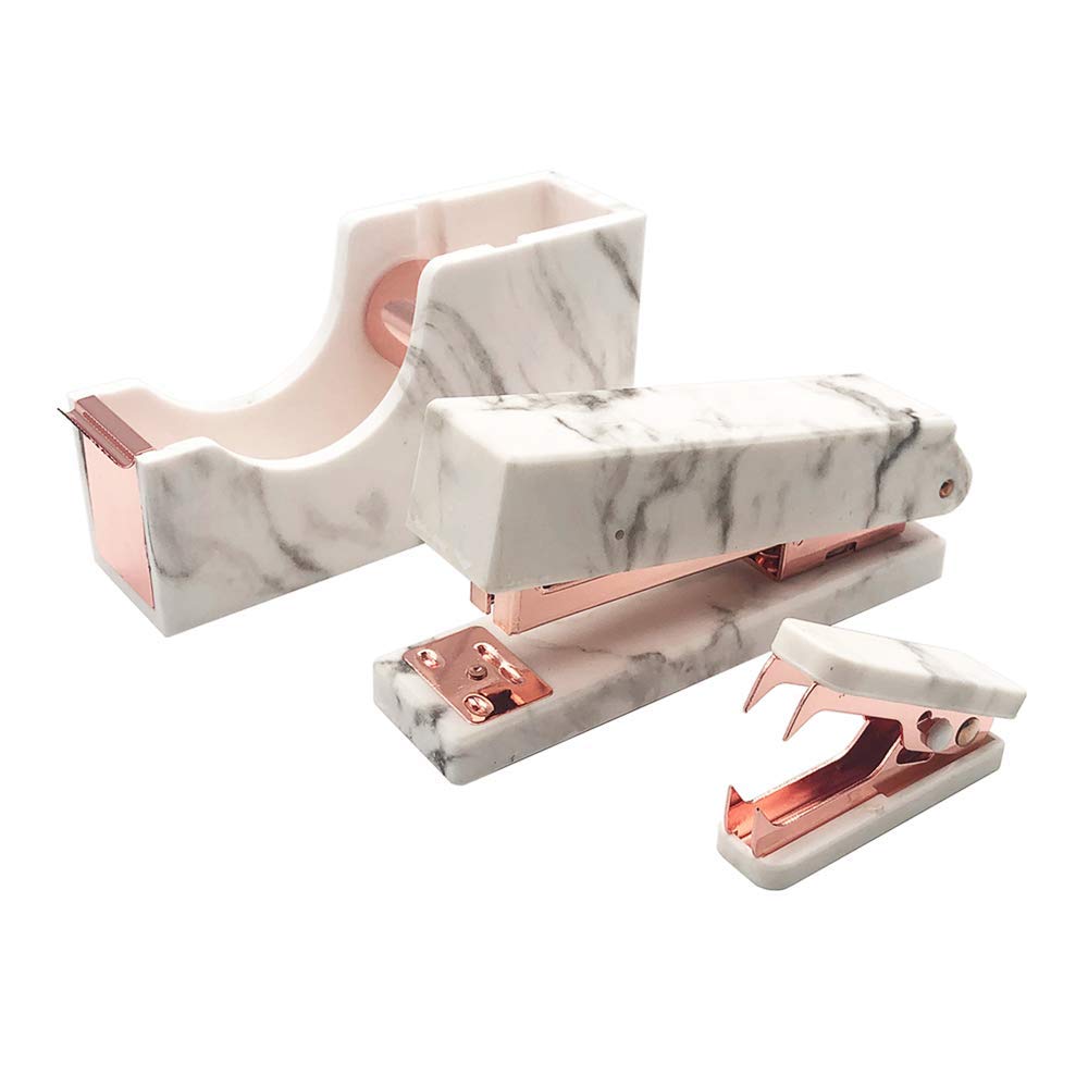 Rose Gold Marble Print Stapler, Staples Remover & Tape Dispenser Set - Elegant Office Desk Accessories for Professionals | Perfect Executive Gift & Desktop Organizer for Home & Office Use