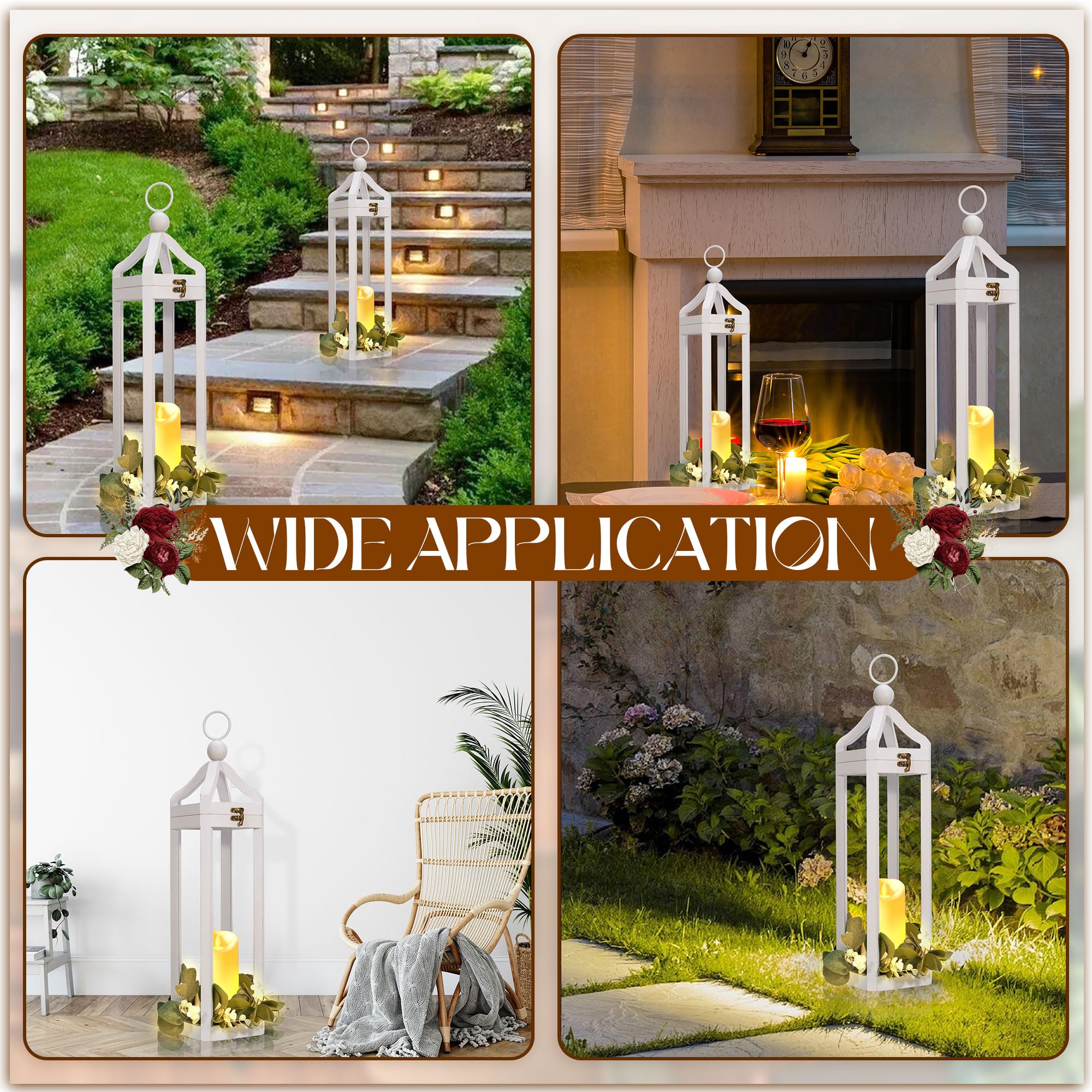 Large Rustic Farmhouse White Wood Lantern Set of 2 - Tall Modern Candle Lanterns with Timer & Flickering LED for Christmas Decor | Indoor Outdoor Fireplace Mantle Holiday Home Decoration