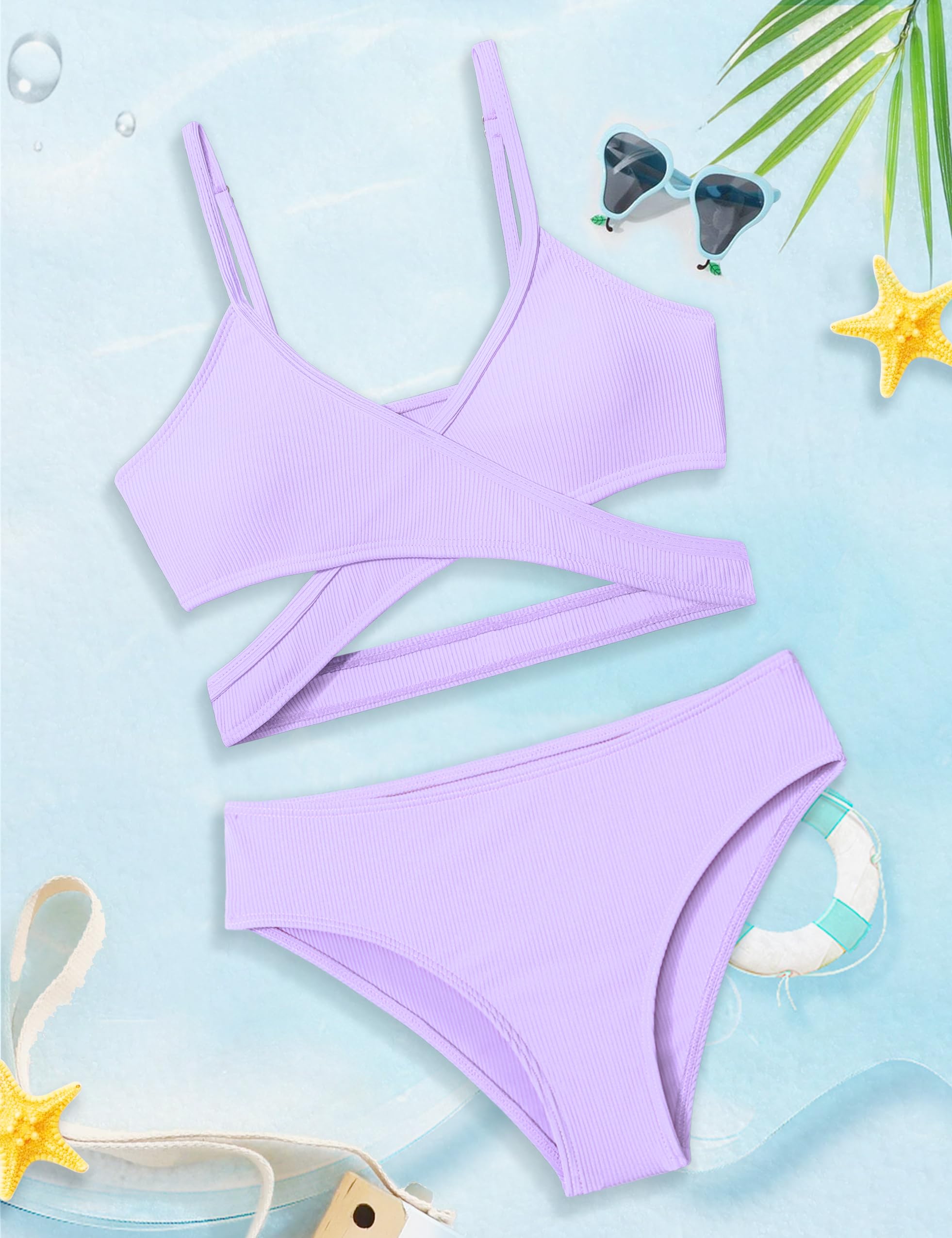 Girls' Two Piece Swimsuit Bikini Set - Criss Cross Bathing Suits for Teens & Kids, Solid Color Swimwear for Beach, Pool & Summer Vacation
