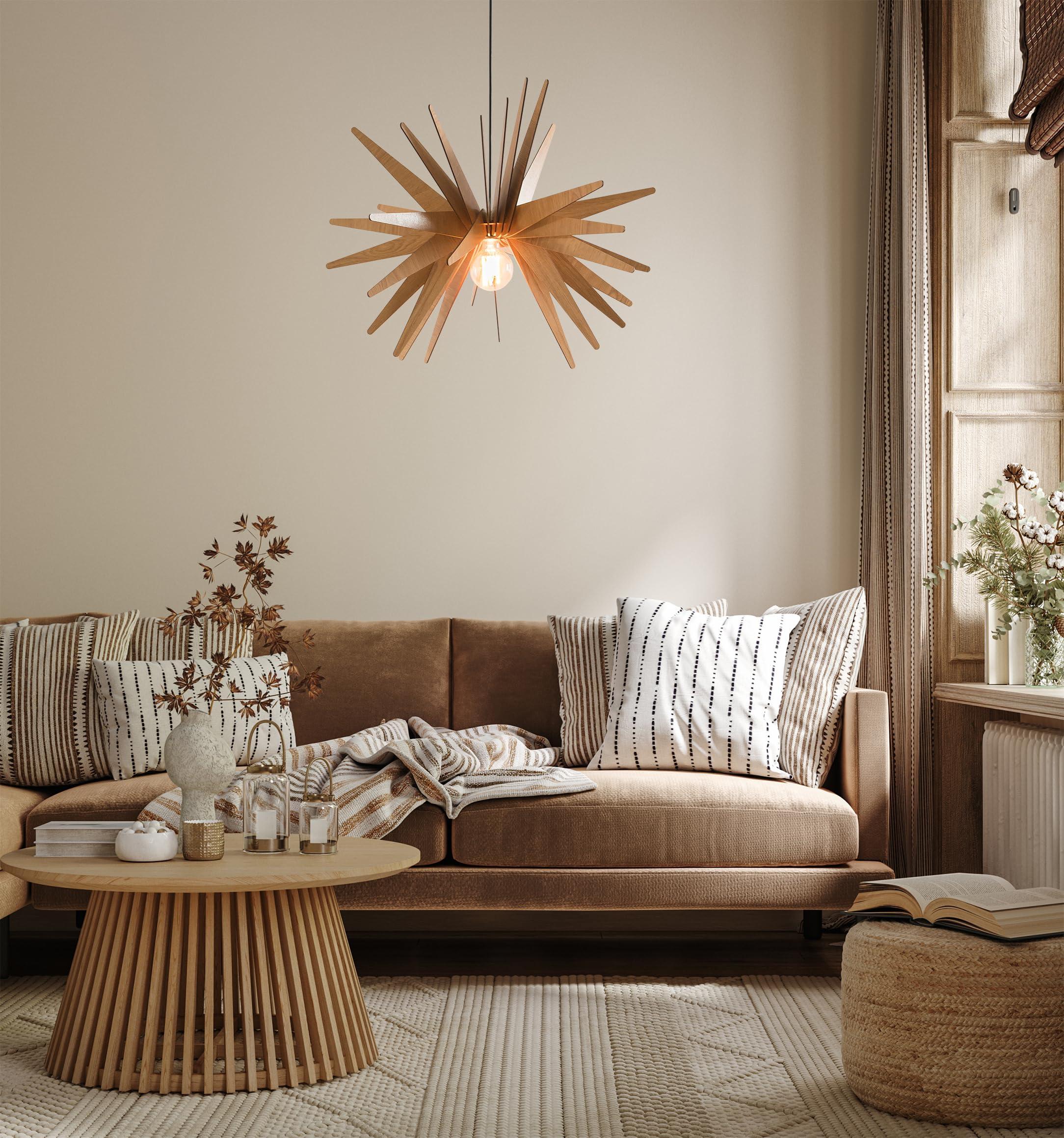 Vintage Wood Pendant Light - Mid Century Modern Chandelier Hanging Lamp with Natural Wood Finish | Wooden Ceiling Light Fixture for Dining Room, Kitchen Island & Bedroom Lighting