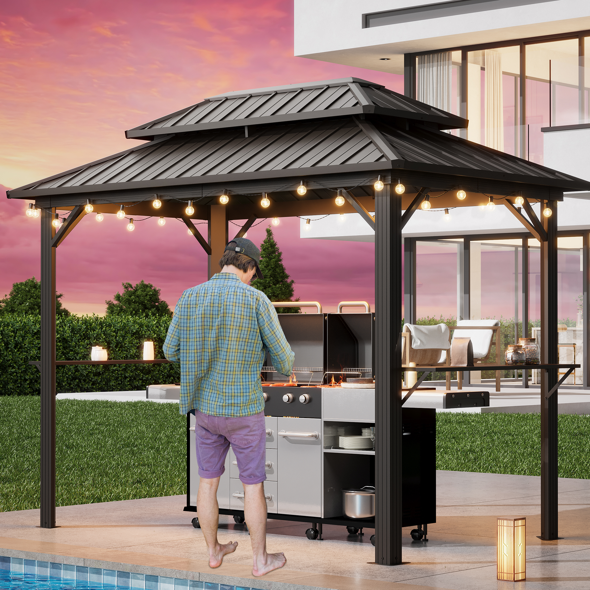 EROMMY 10x6 Outdoor Kitchen Gazebo with Double Roof - Waterproof Patio Canopy for BBQ, Dining & Entertaining - Perfect for Backyard, Garden & Poolside Gatherings