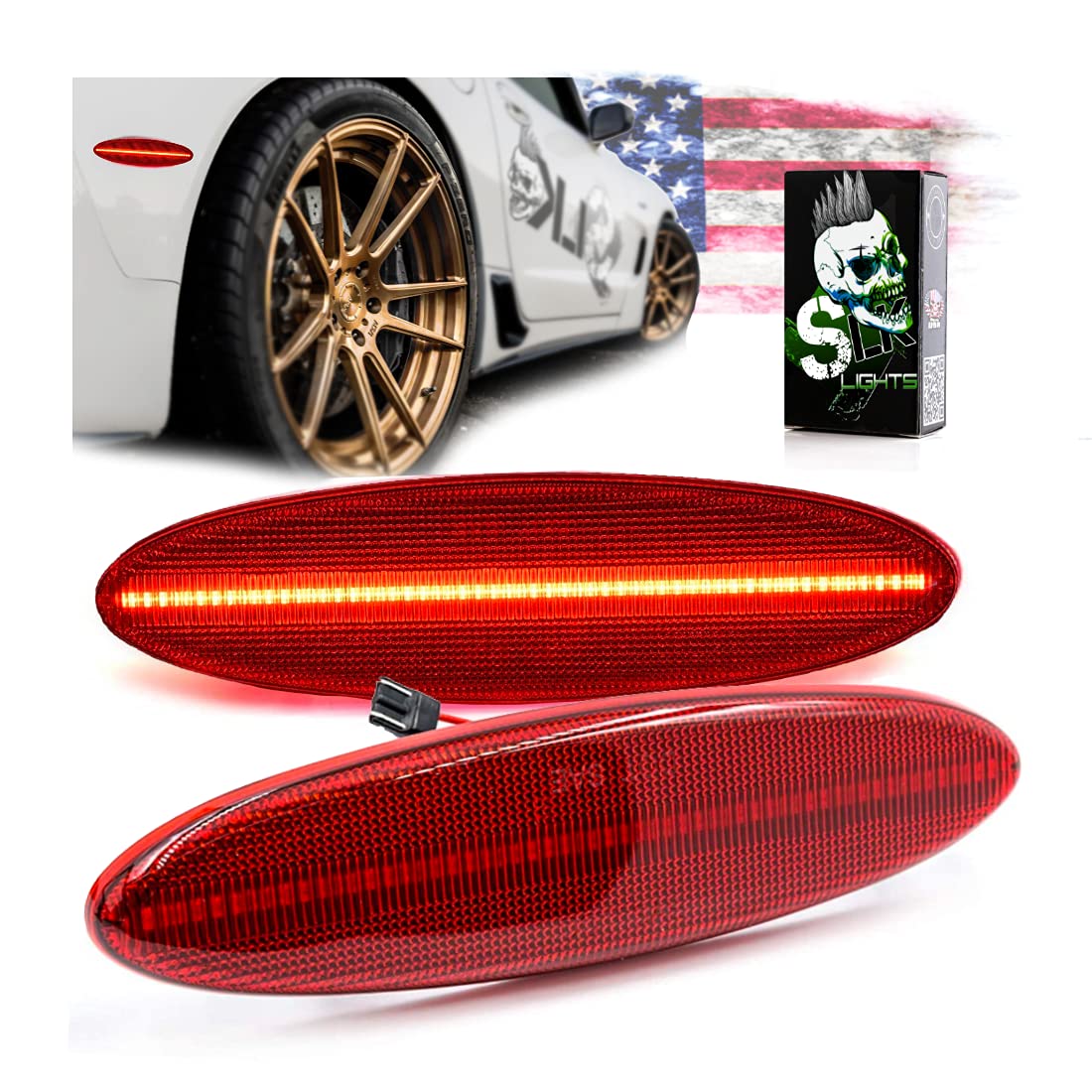 SLK-Lights C5 Red LED Rear Side Marker Fender Lights - High Performance OEM Replacement for 1997-2004 Corvette Coupe, Z06 & Convertible - Enhanced Visibility & Style (Red Lens) - Perfect for Night Driving & Car Shows