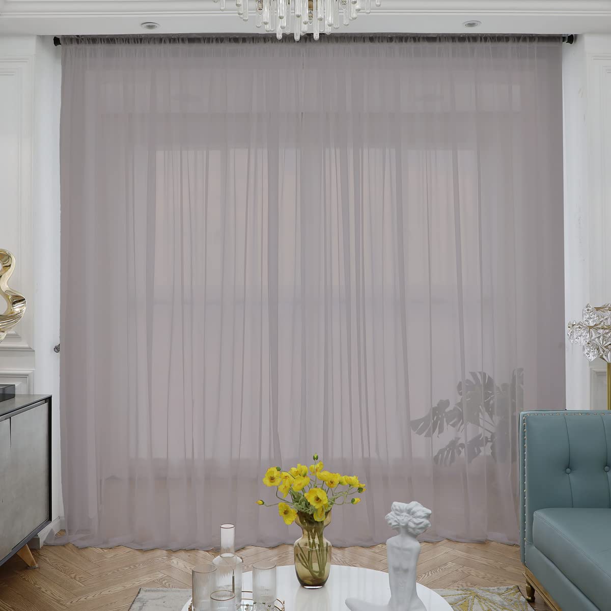 Light Gray Sheer Curtains 84 Inches Long - 2 Panels Rod Pocket Voile Semi-Sheer Window Drapes for Kitchen, Bedroom & Living Room - Lightweight & Airy (52