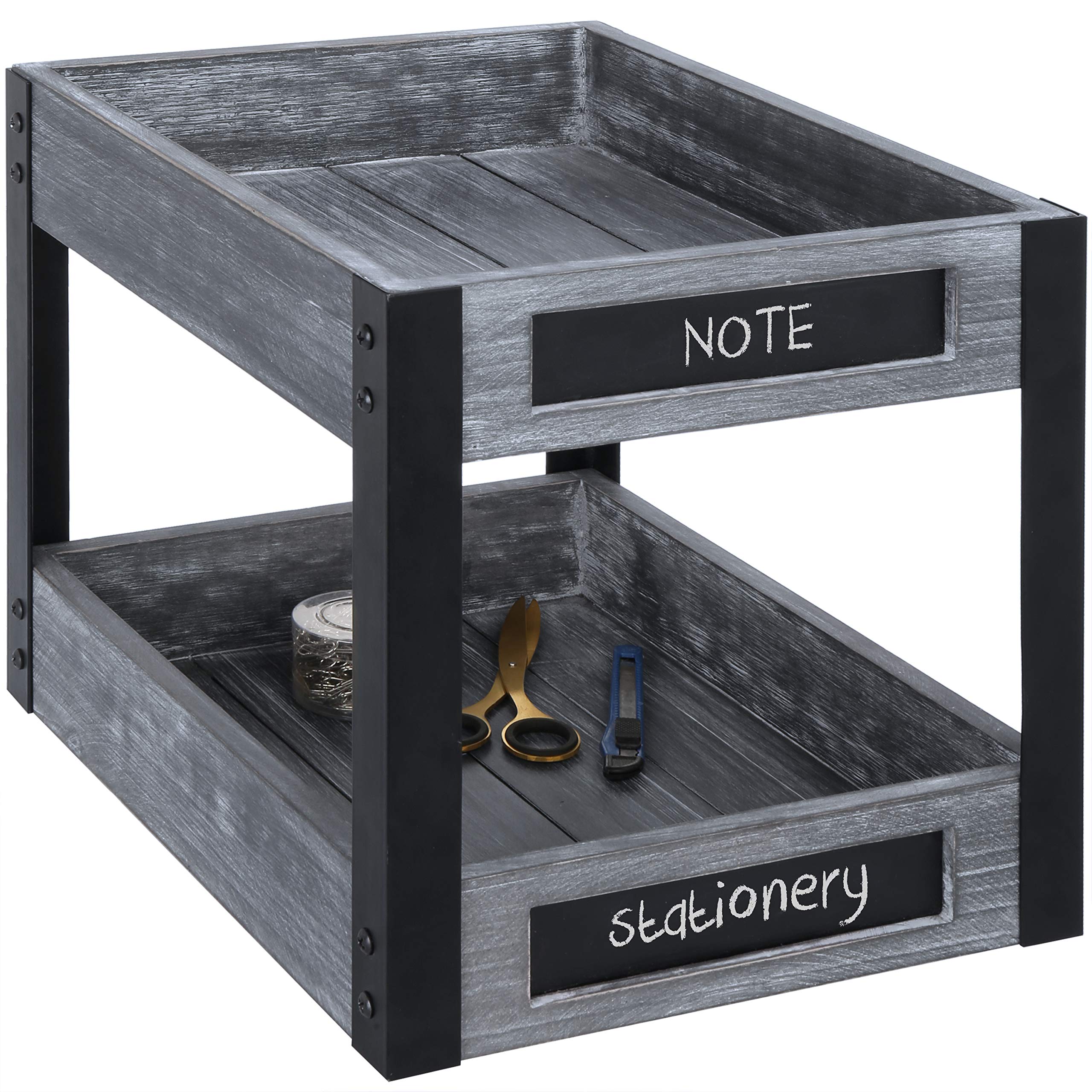 MyGift 2-Tier Rustic Gray Solid Wood Desktop Organizer - File Holder with Black Metal Frame & Chalkboard Labels - Perfect for Office, Home, or School Paper Storage and Document Management