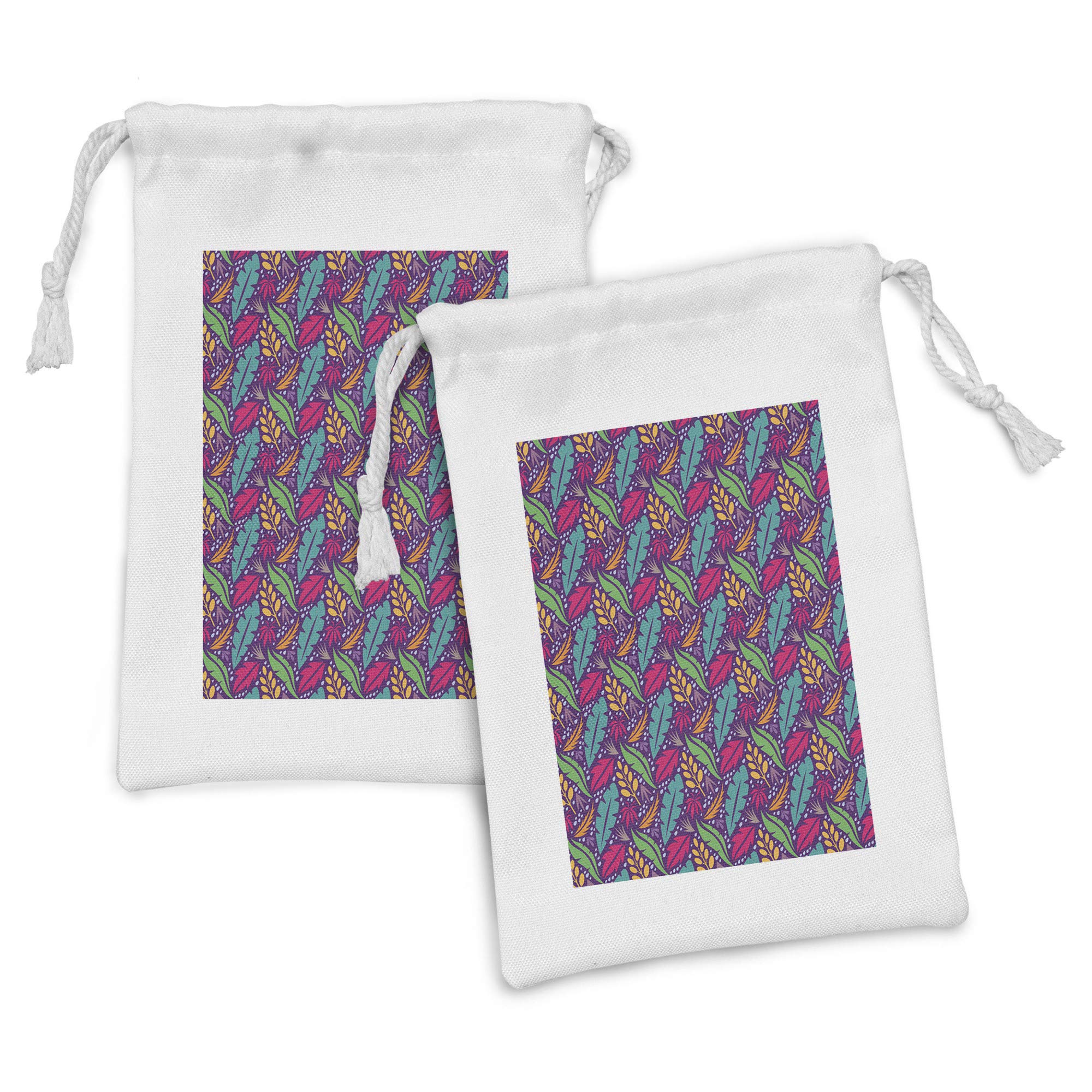 Ambesonne 2-Pack Botanical Fabric Pouches - Exotic Plant Leaves Abstract Art Drawstring Bags for Toiletries, Masks & Favors (9